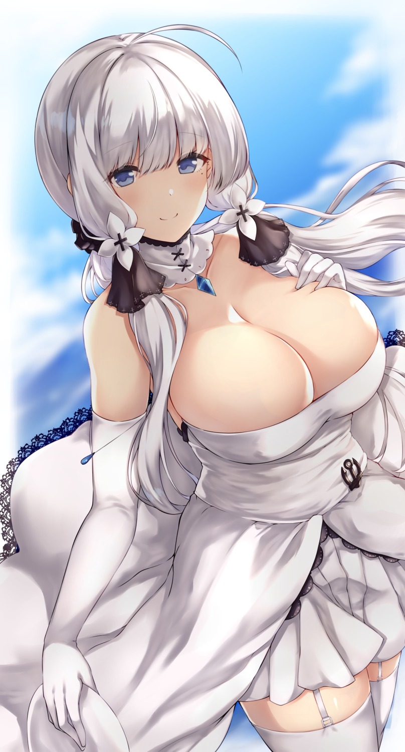 azur_lane dress erect_nipples illustrious_(azur_lane) mamizu no_bra skirt_lift stockings thighhighs