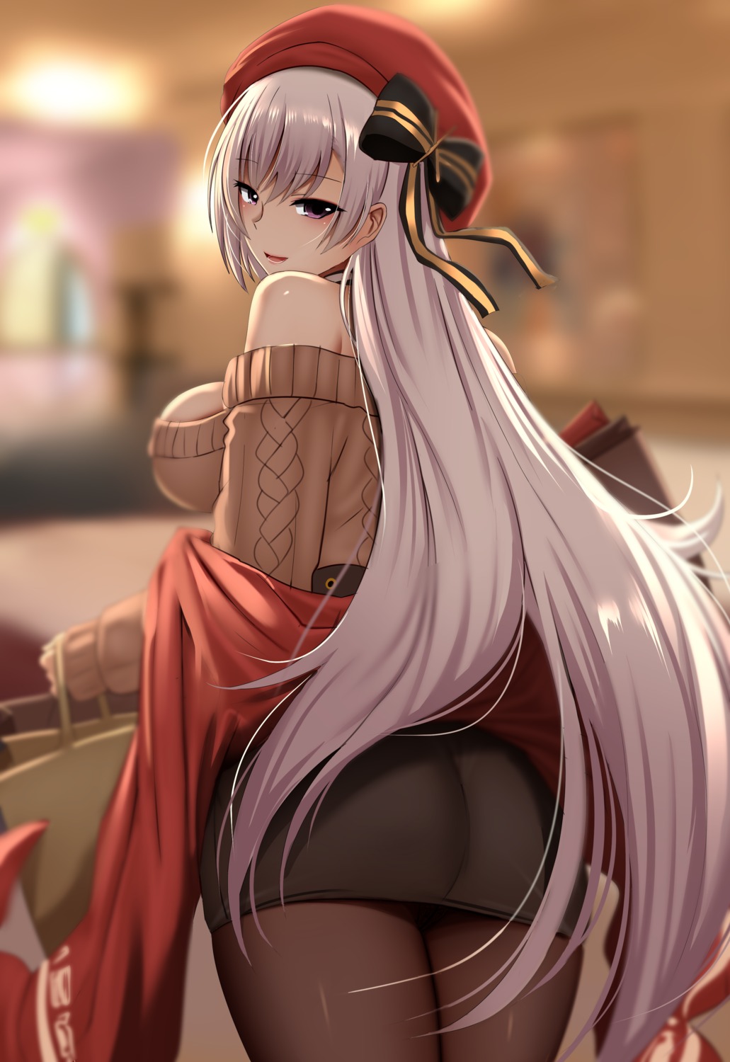 ass azur_lane belfast_(azur_lane) ginhaha no_bra pantyhose sweater