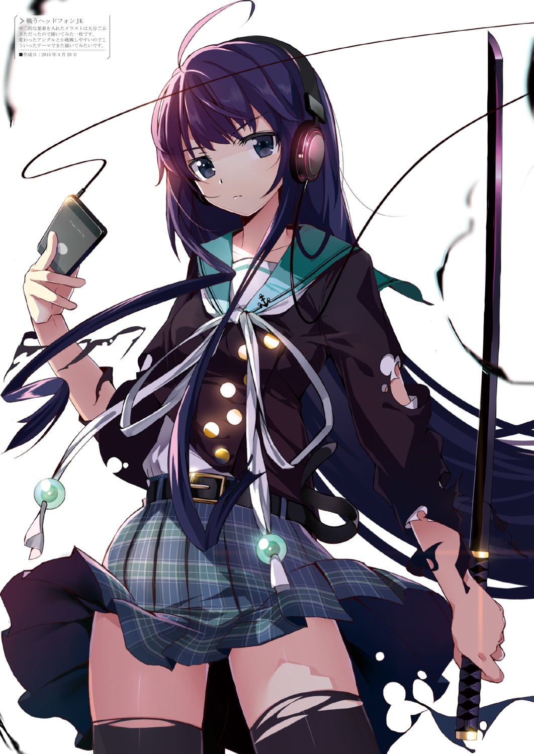 headphones machimura_komori seifuku sword thighhighs torn_clothes