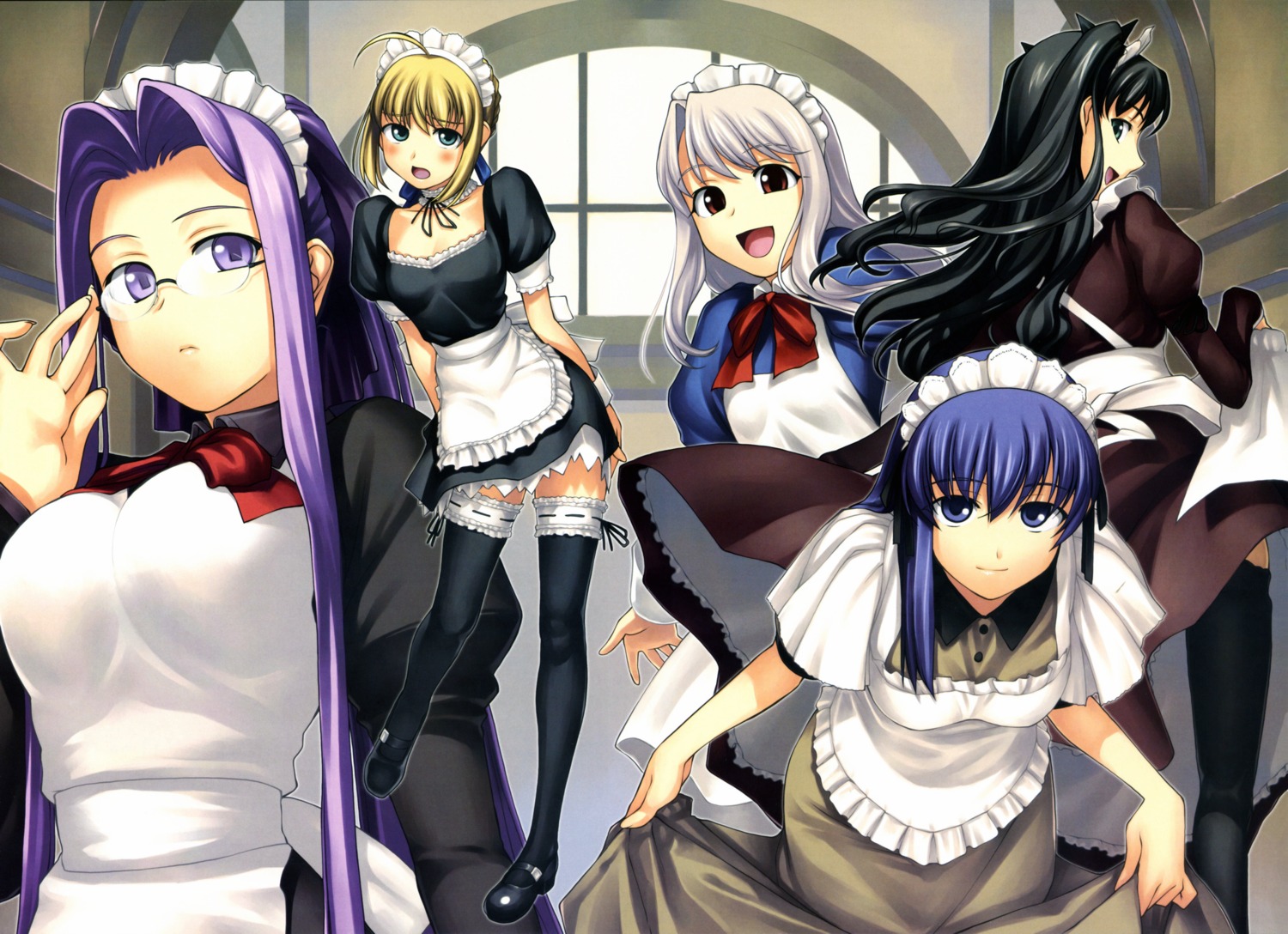 fate/stay_night fomalhaut garter illyasviel_von_einzbern maid matou_sakura megane rider saber tanaka_shoutarou thighhighs toosaka_rin