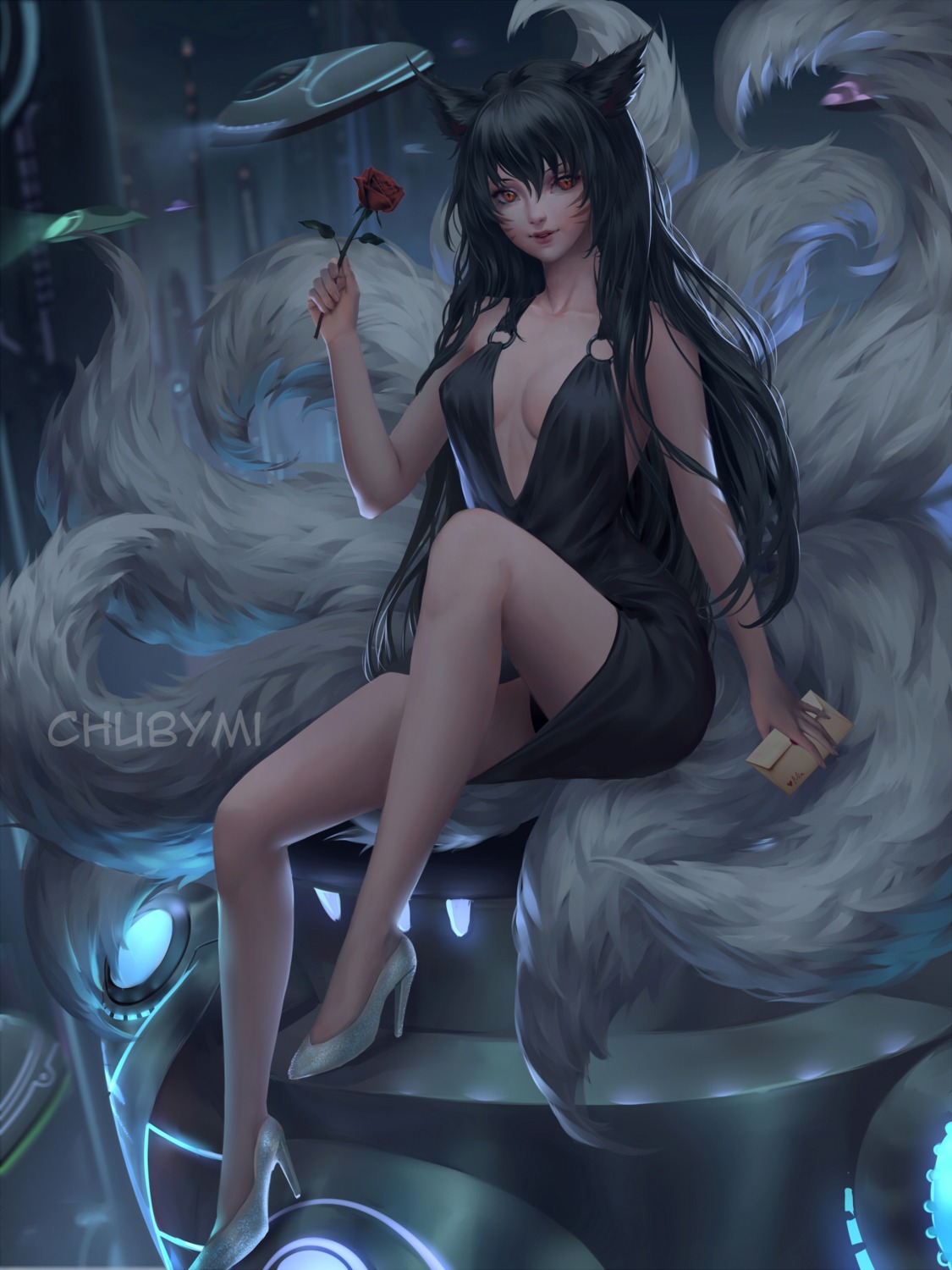 ahri animal_ears chuby_mi cleavage dress heels kitsune league_of_legends no_bra tail