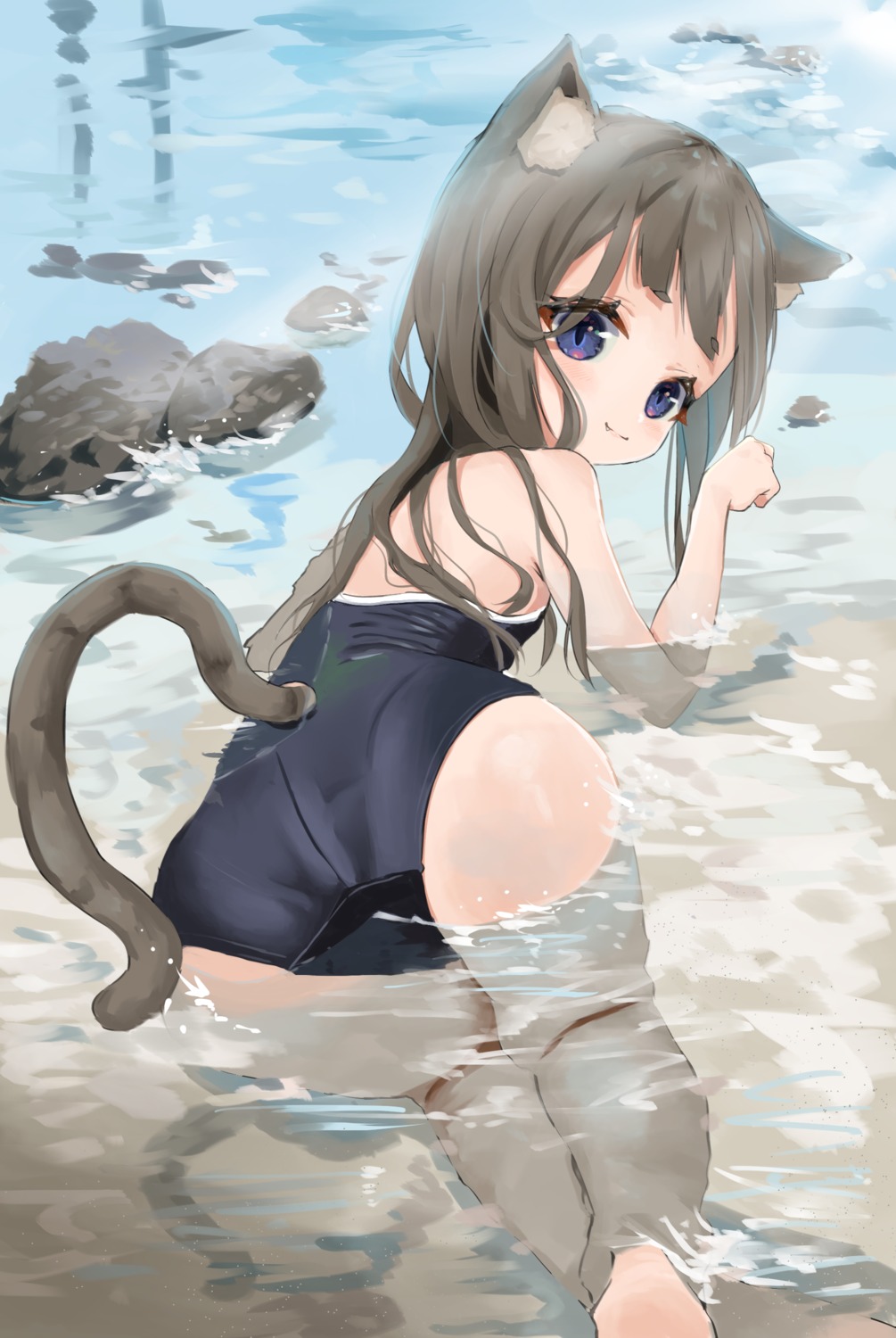 animal_ears ass loli nekomimi nina_(pixiv31869672) school_swimsuit swimsuits tail wet