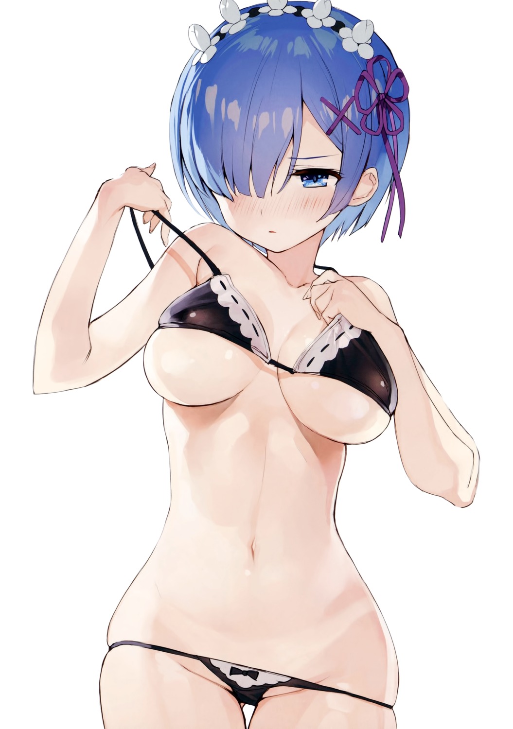 bikini breast_hold gaou macaron_taitei panty_pull re_zero_kara_hajimeru_isekai_seikatsu rem_(re_zero) swimsuits underboob undressing