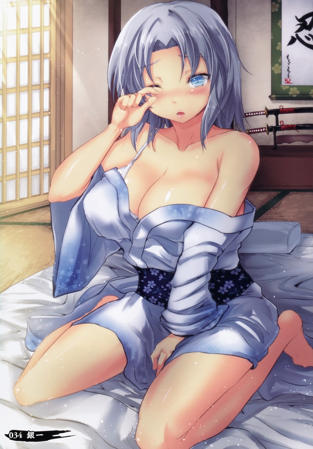 bra cleavage ginichi open_shirt screening senran_kagura sword yukata yumi_(senran_kagura)