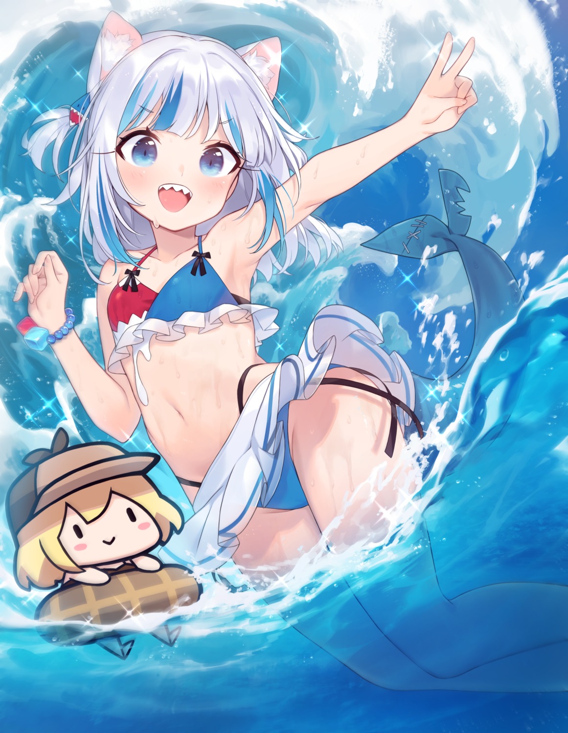 animal_ears bikini chibi gawr_gura hololive hololive_english nekomimi skirt_lift swimsuits tail takotsu wet