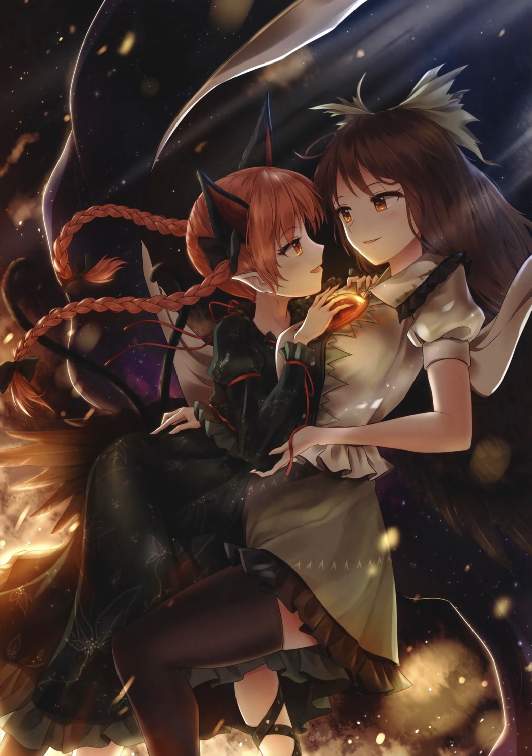 animal_ears kaenbyou_rin minust reiuji_utsuho tail thighhighs touhou yuri