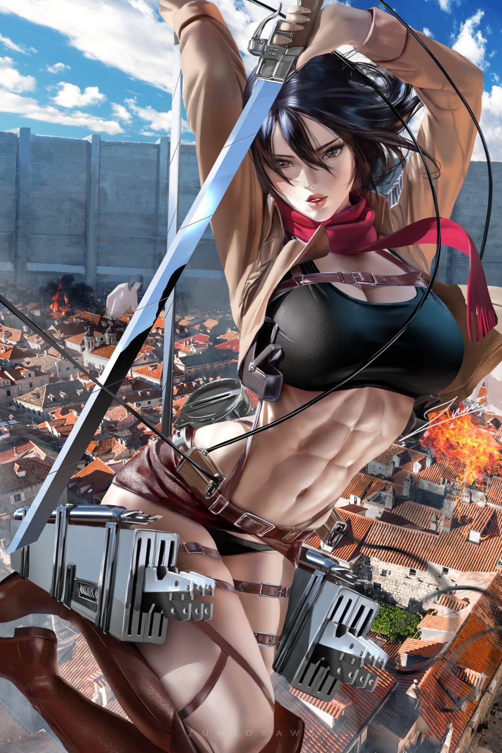 bra garter mikasa_ackerman open_shirt pantsu shingeki_no_kyojin sword uniform zumi_(zumidraws)