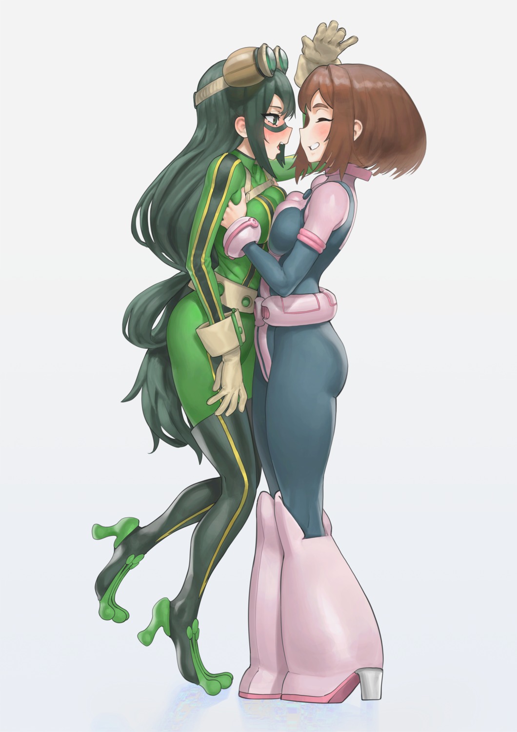 asui_tsuyu bodysuit boku_no_hero_academia heels joshirah megane symmetrical_docking thighhighs uraraka_ochako yuri