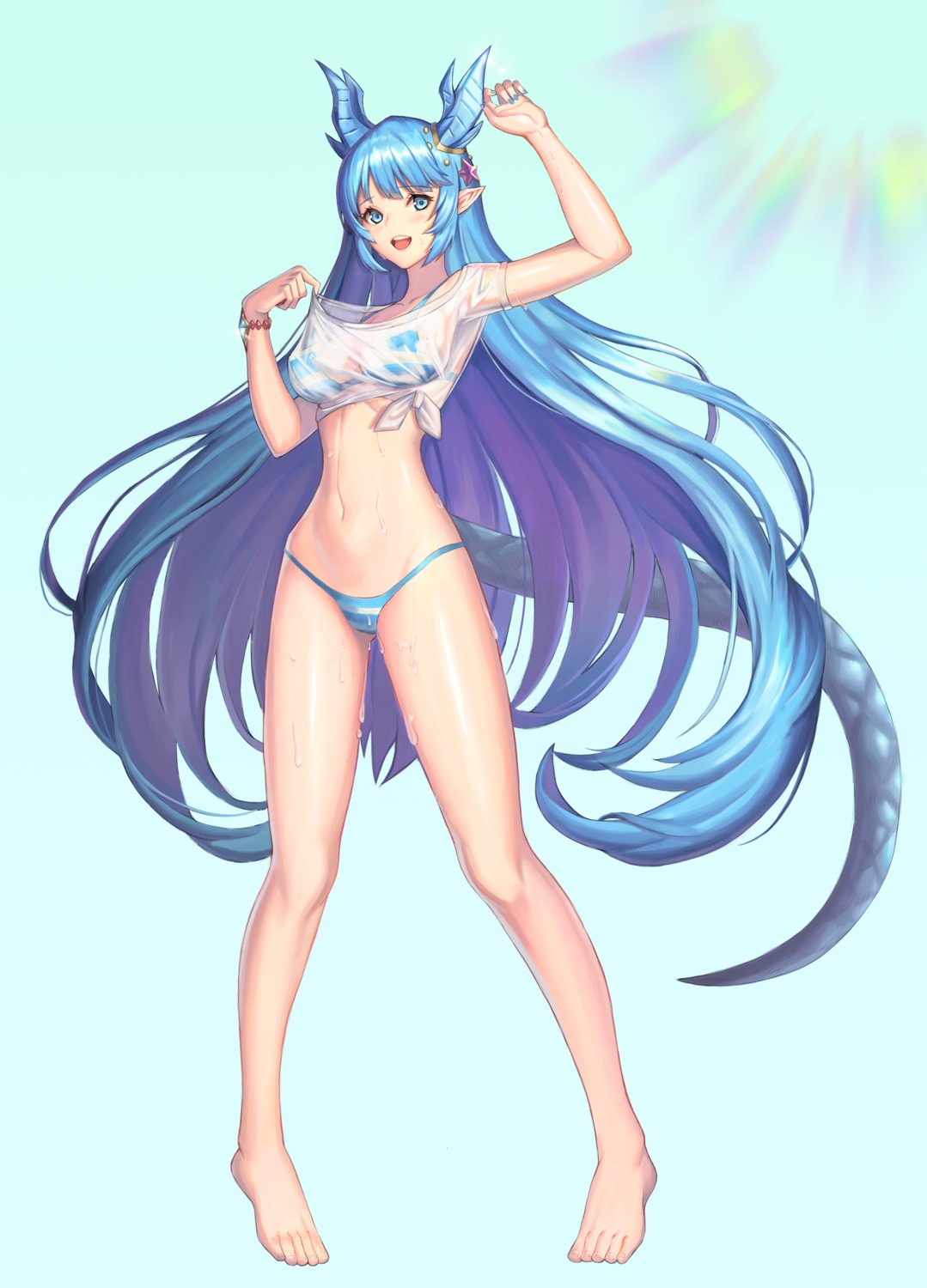 bikini horns king's_raid laias_(king's_raid) see_through swimsuits tail wangjook_(wj) wet wet_clothes