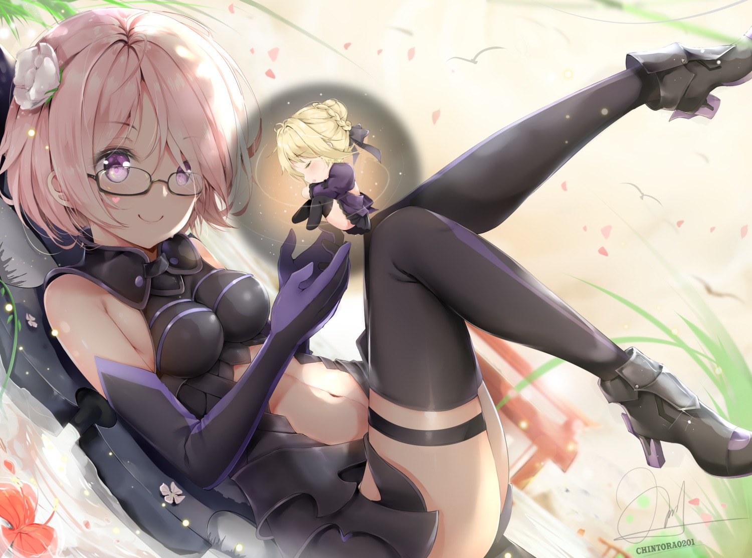 armor chibi chintora0201 fate/grand_order garter heels leotard mash_kyrielight megane saber skirt_lift thighhighs