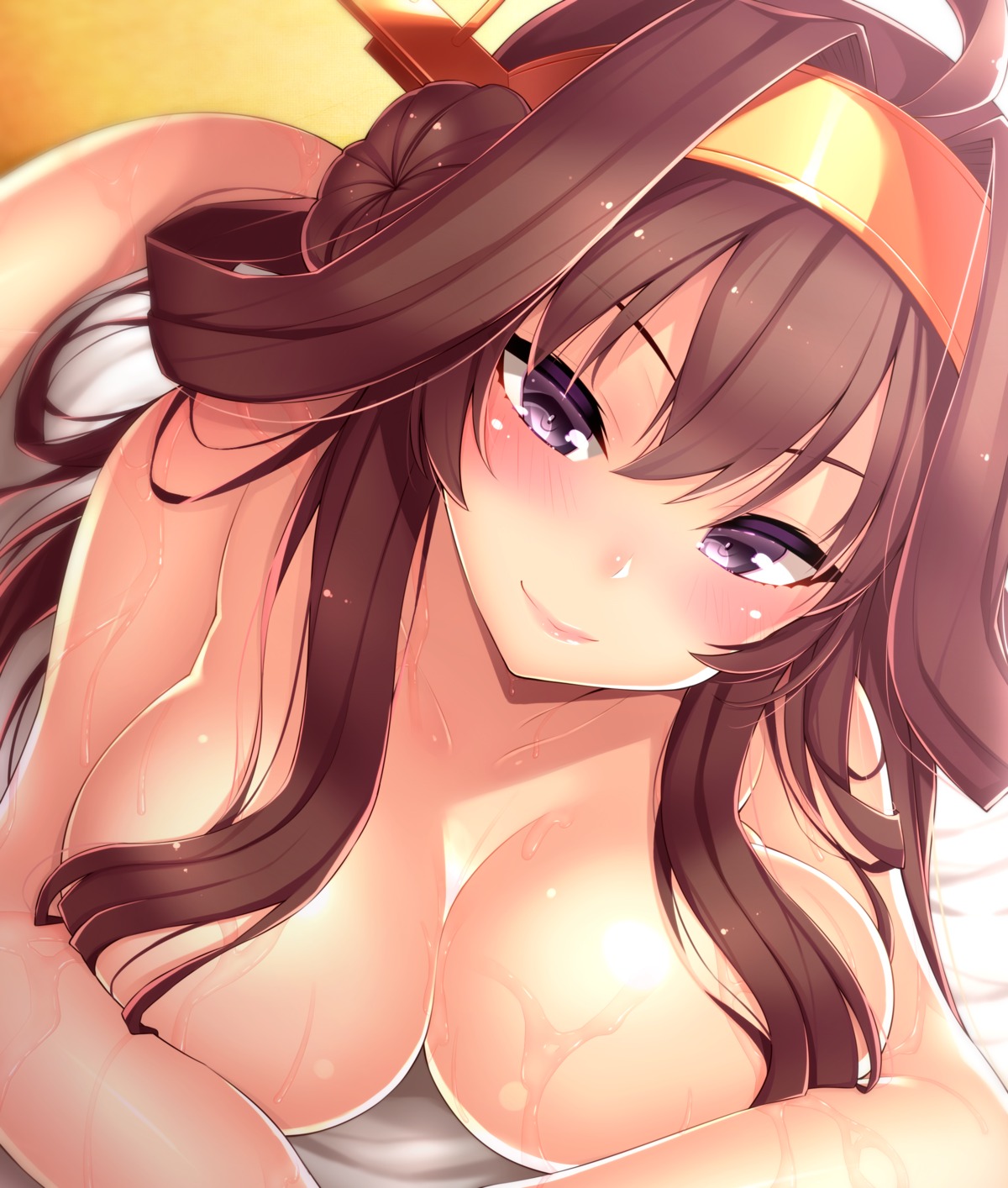 ayuteishoku breast_hold kantai_collection kongou_(kancolle) naked sheets wet