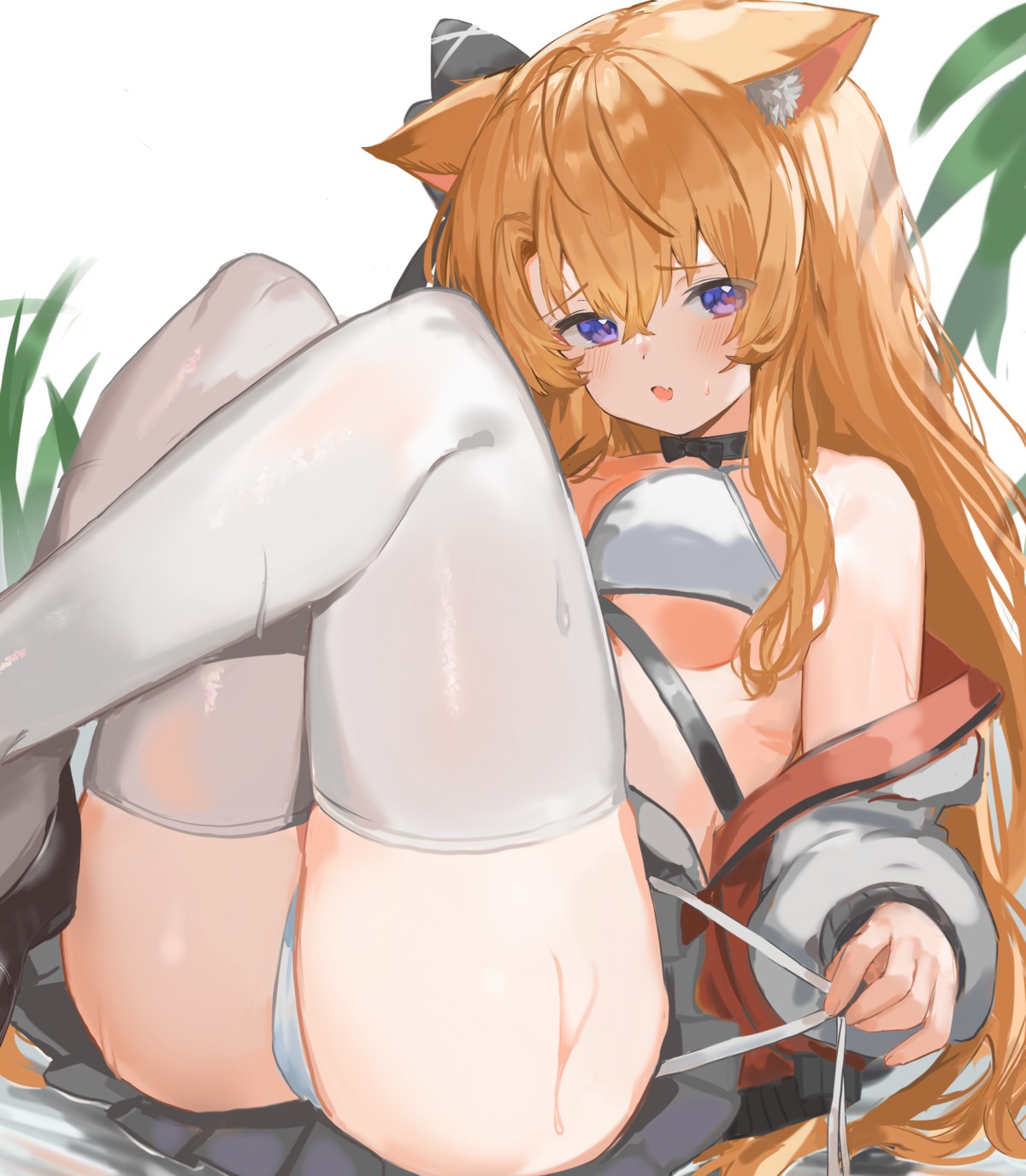 animal_ears bra nekomimi open_shirt pantsu panty_pull skirt_lift sorotu string_panties thighhighs thong undressing wet