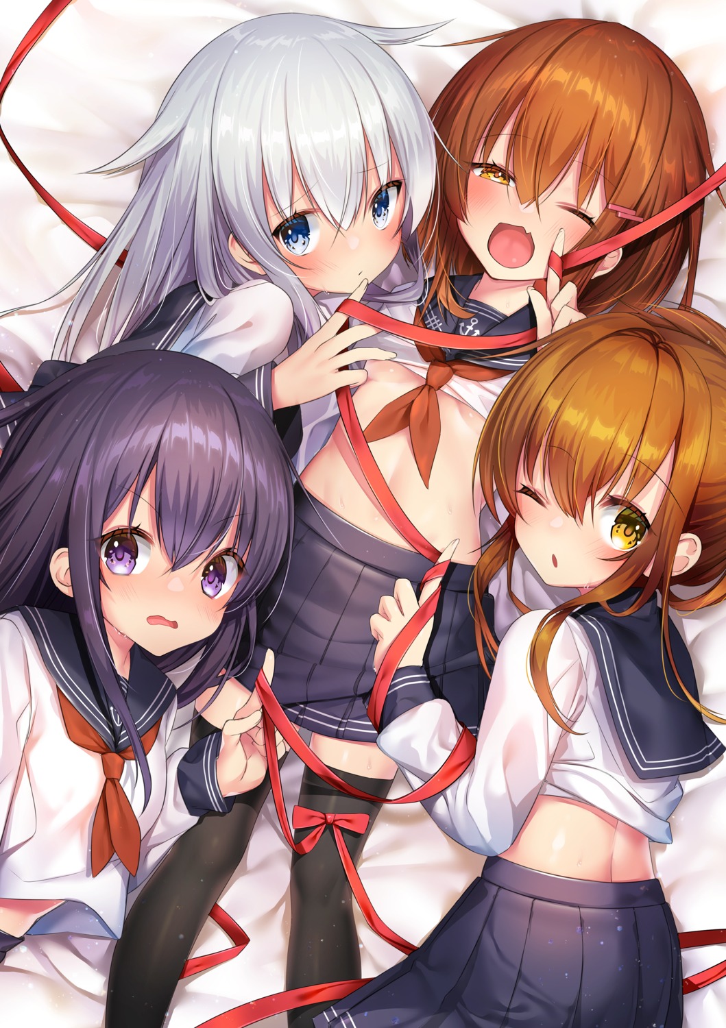 akatsuki_(kancolle) haiba hibiki_(kancolle) ikazuchi_(kancolle) inazuma_(kancolle) kantai_collection loli seifuku shirt_lift thighhighs