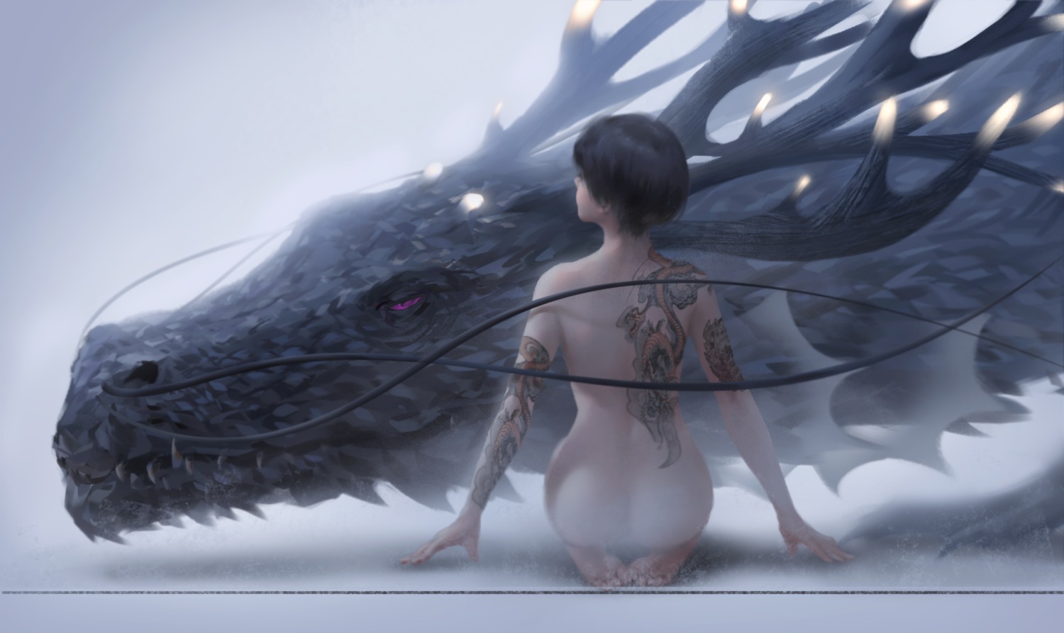 ass ghostblade jade_(ghostblade) monster naked tattoo wlop