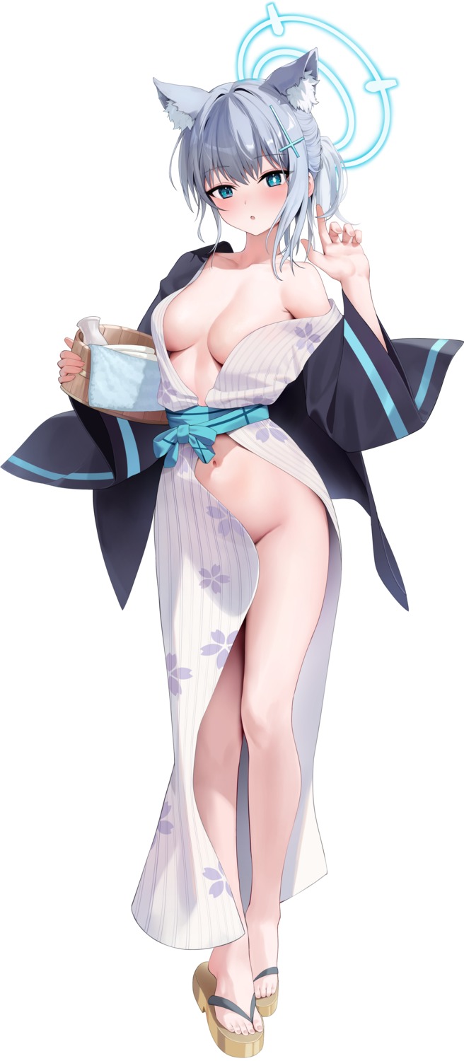 animal_ears blue_archive halo nekomimi no_bra nopan open_shirt rable sunaookami_shiroko yukata