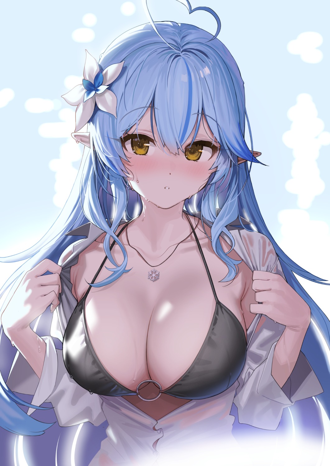 bikini_top elf hololive kanzarin open_shirt pointy_ears see_through swimsuits undressing wet_clothes yukihana_lamy