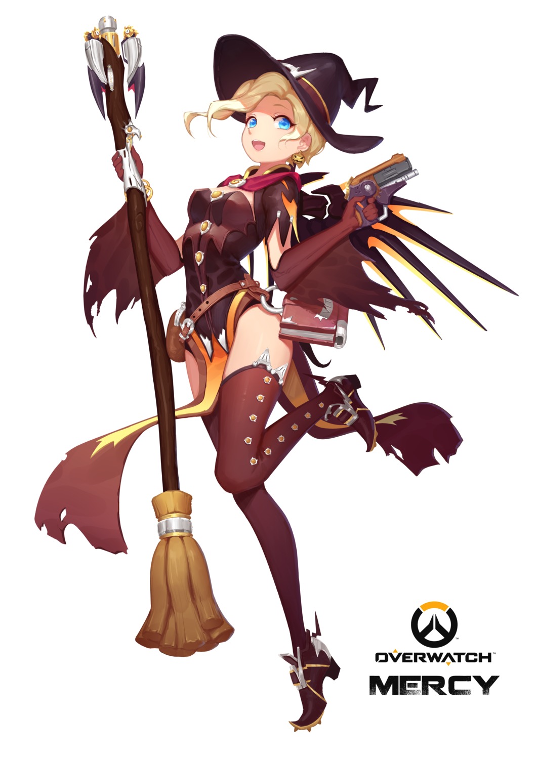 gun halloween heels mercy_(overwatch) mosquito_coils overwatch thighhighs torn_clothes wings witch
