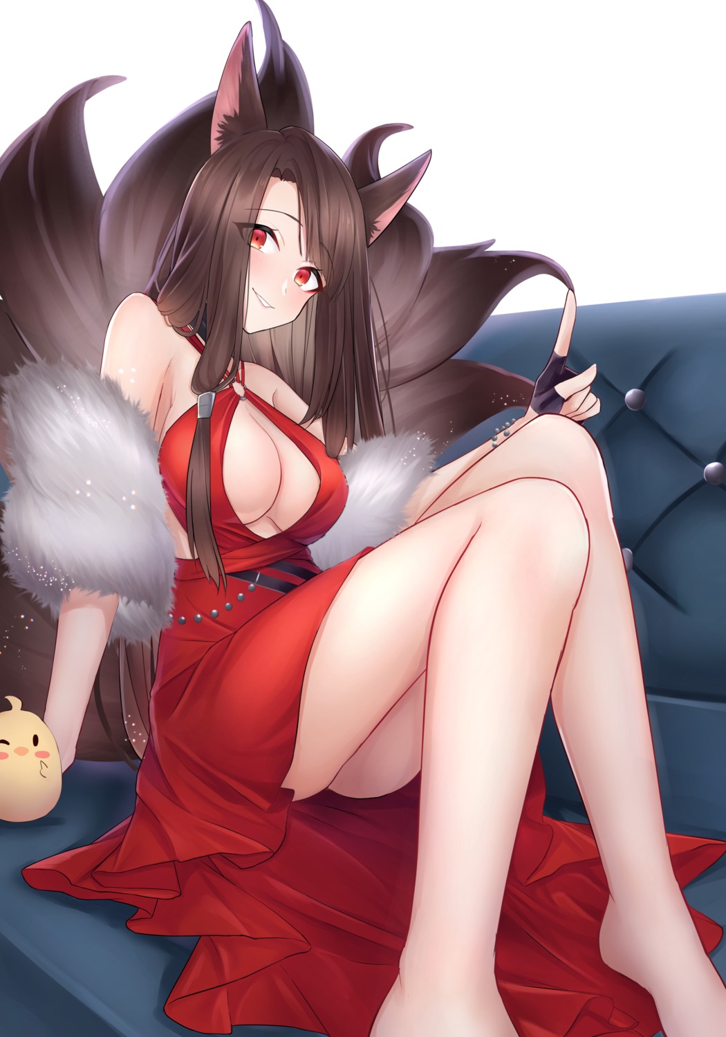 akagi_(azur_lane) animal_ears azur_lane dress jyu-so kitsune manjuu_(azur_lane) no_bra skirt_lift tail