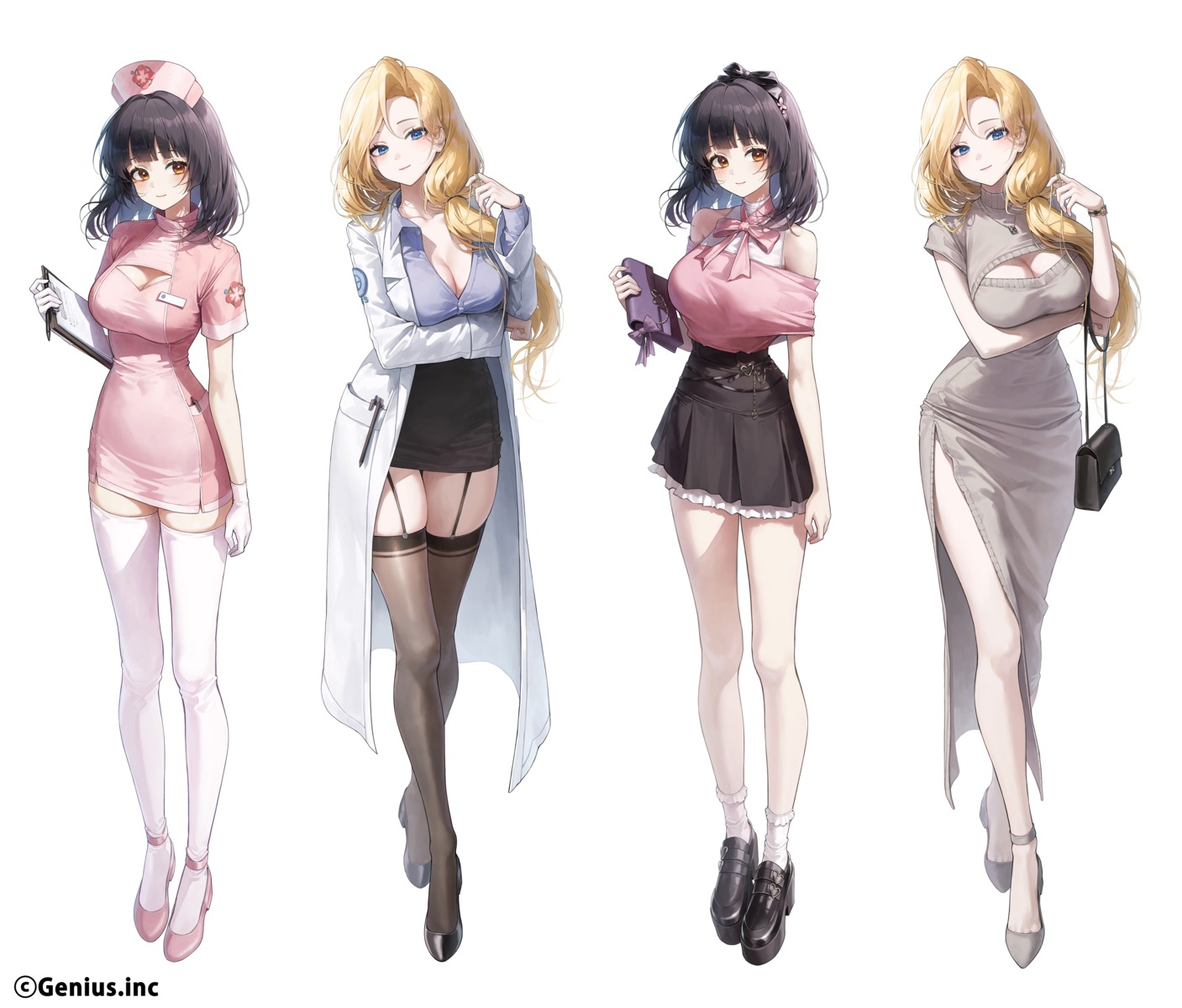 cleavage dress heels meoyo nurse open_shirt stockings sweater thighhighs