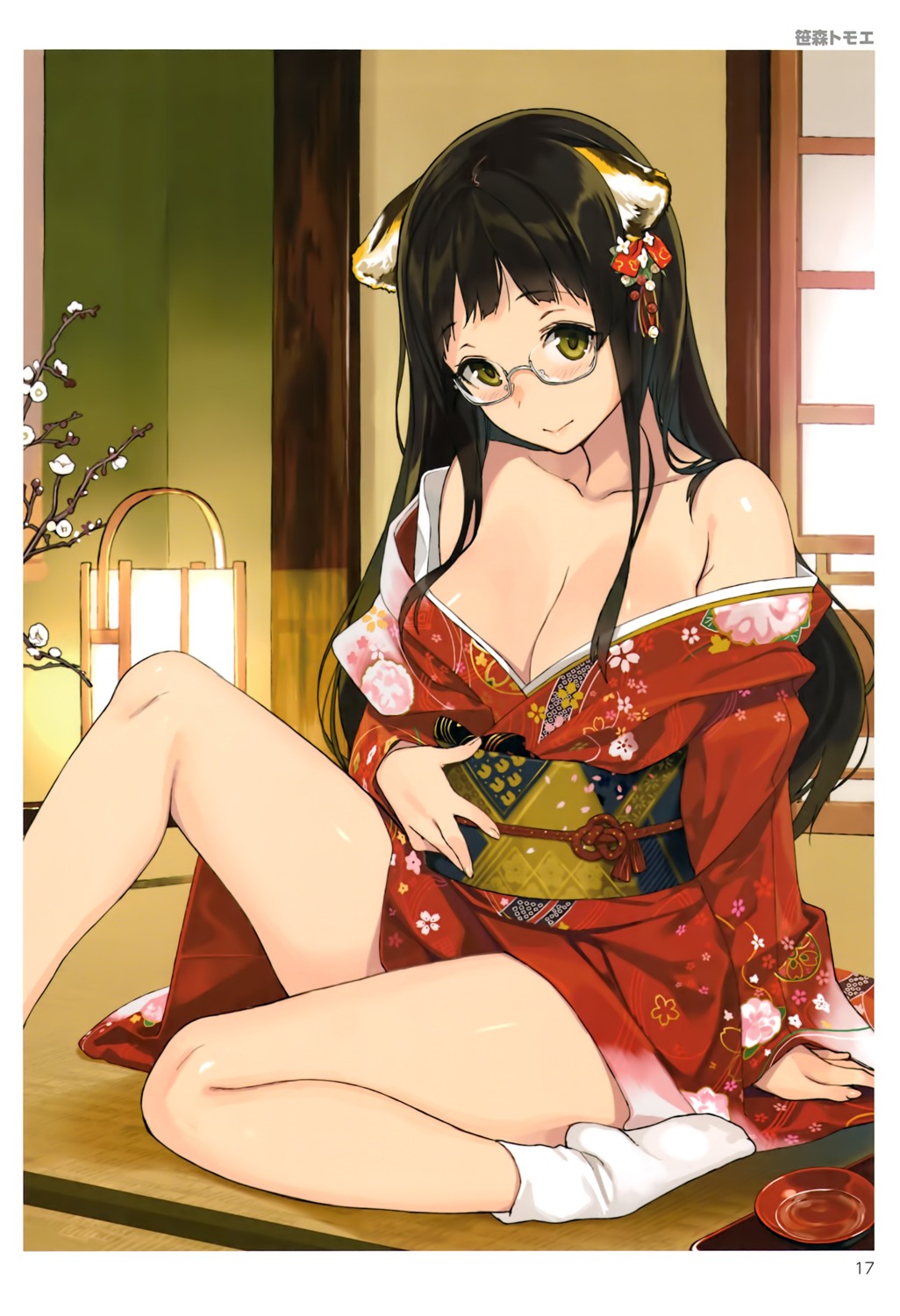 animal_ears cleavage kimono megane no_bra open_shirt sasamori_tomoe toranoana