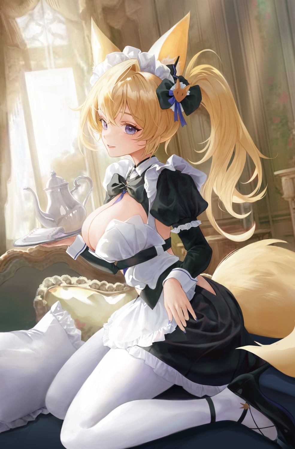 animal_ears dora_(garyeong) heels kitsune maid no_bra pantyhose tail