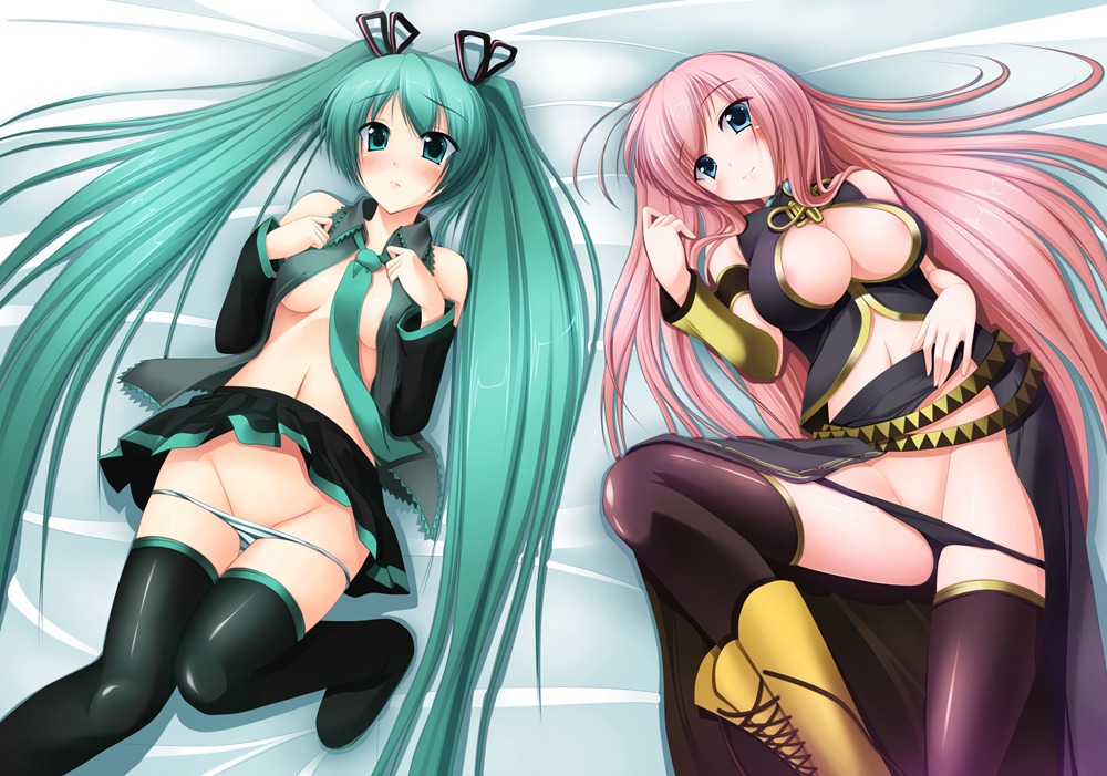 areola hatsune_miku megurine_luka no_bra pantsu panty_pull shimapan thighhighs vocaloid yoru_kaze