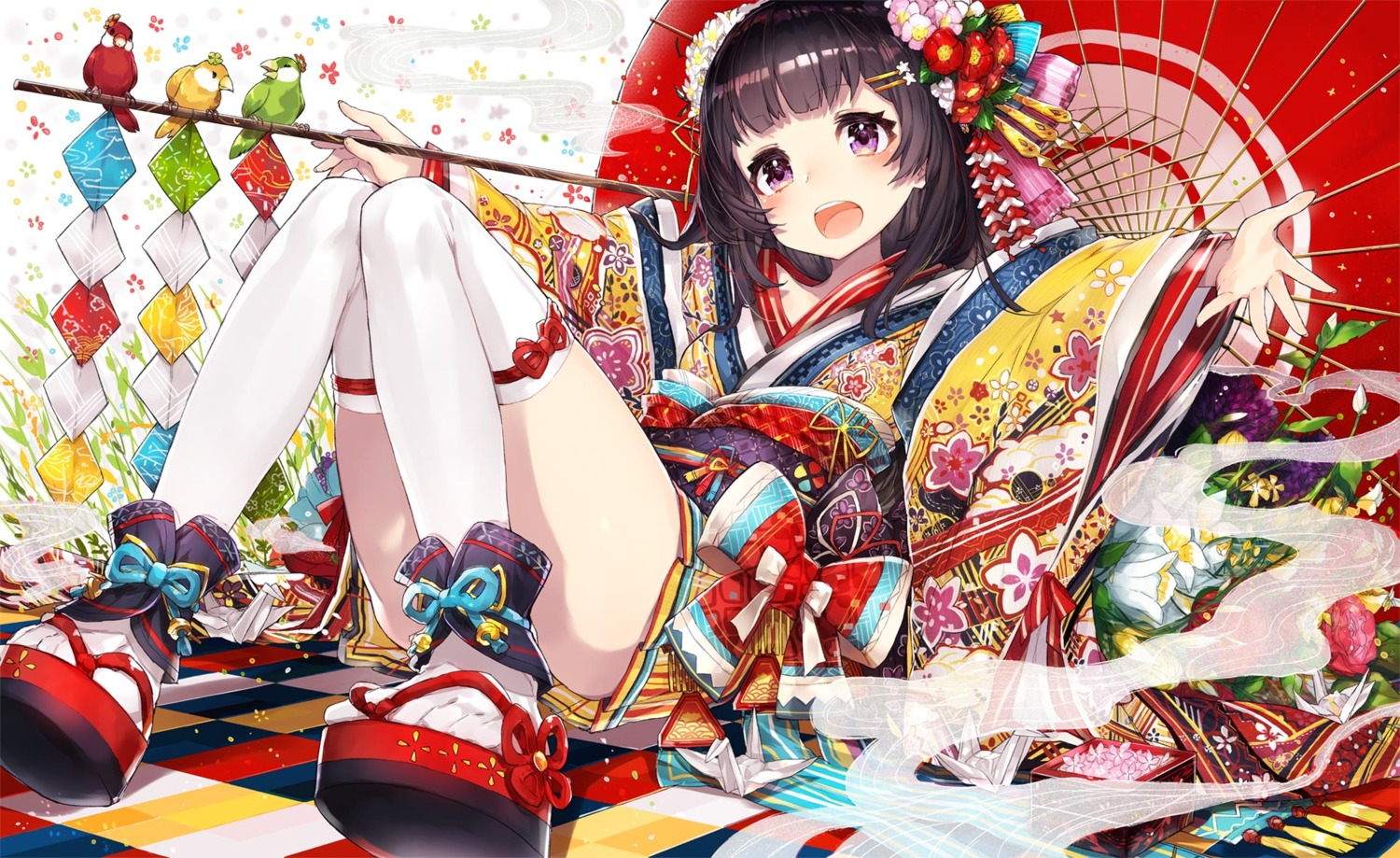 kimono mika_pikazo thighhighs umbrella