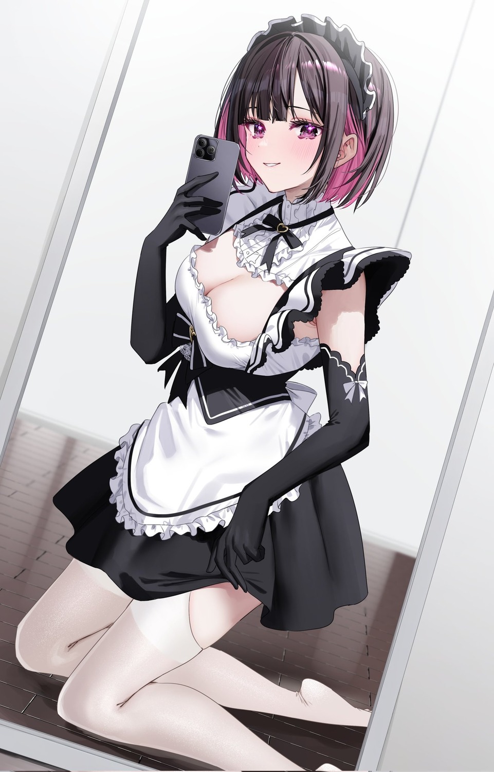 chigusa_minori maid no_bra selfie shino_to_ren shirayuki_ren skirt_lift stockings thighhighs