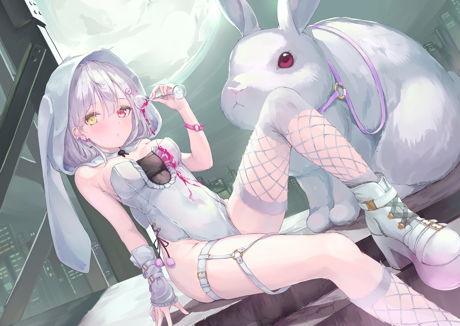 animal_ears bunny_ears fishnets garter heels heterochromia leotard no_bra parfait thighhighs