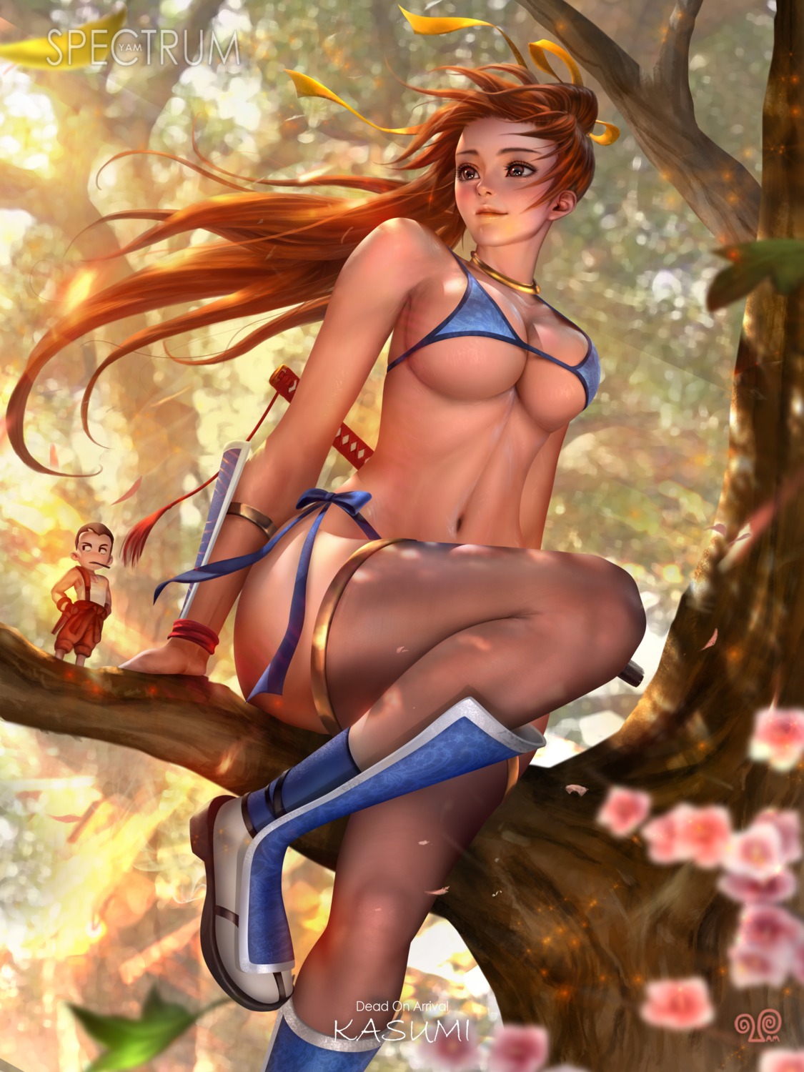 bikini chibi dead_or_alive kasumi swimsuits sword thighhighs yam_spectrum