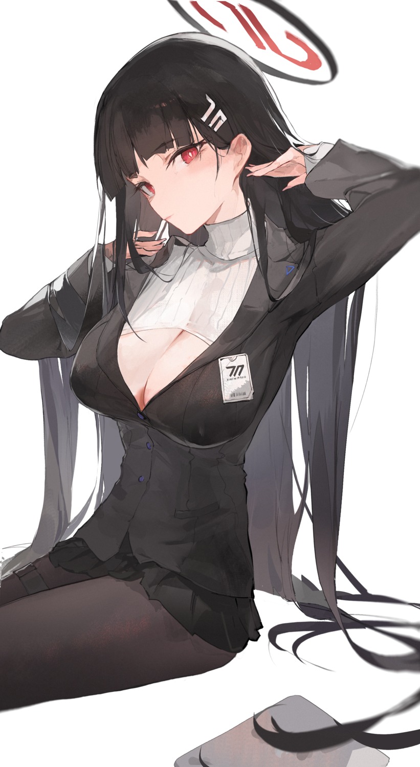 blue_archive business_suit cleavage garter halo open_shirt pantyhose sweater tsukatsuki_rio zombie_ke