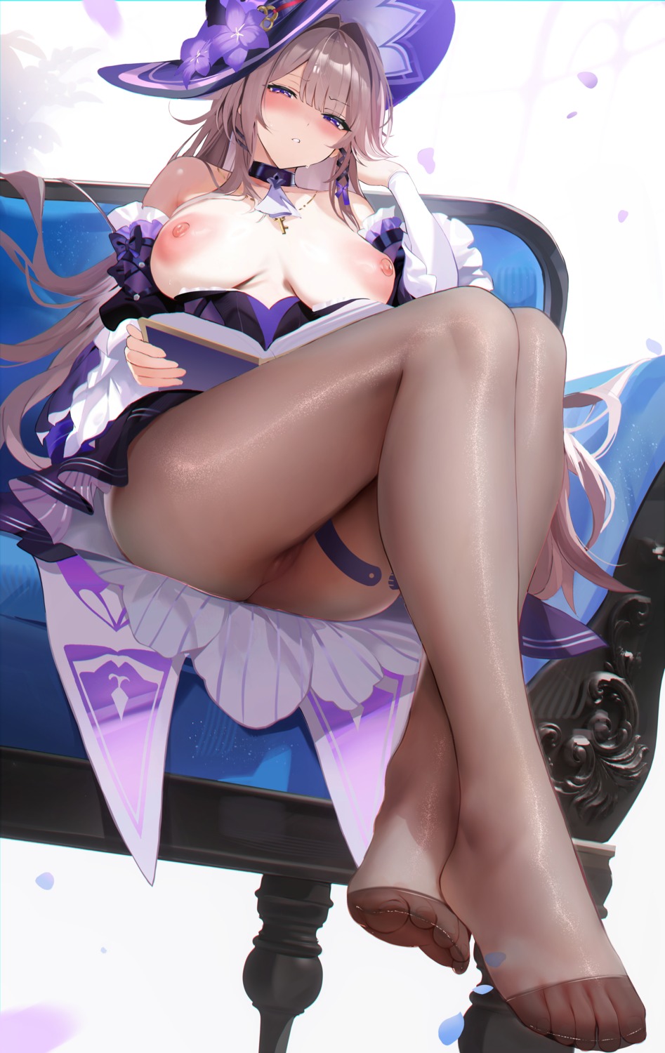 breasts fantongjun feet garter herta honkai:_star_rail nipples no_bra nopan pantyhose pussy see_through skirt_lift uncensored witch