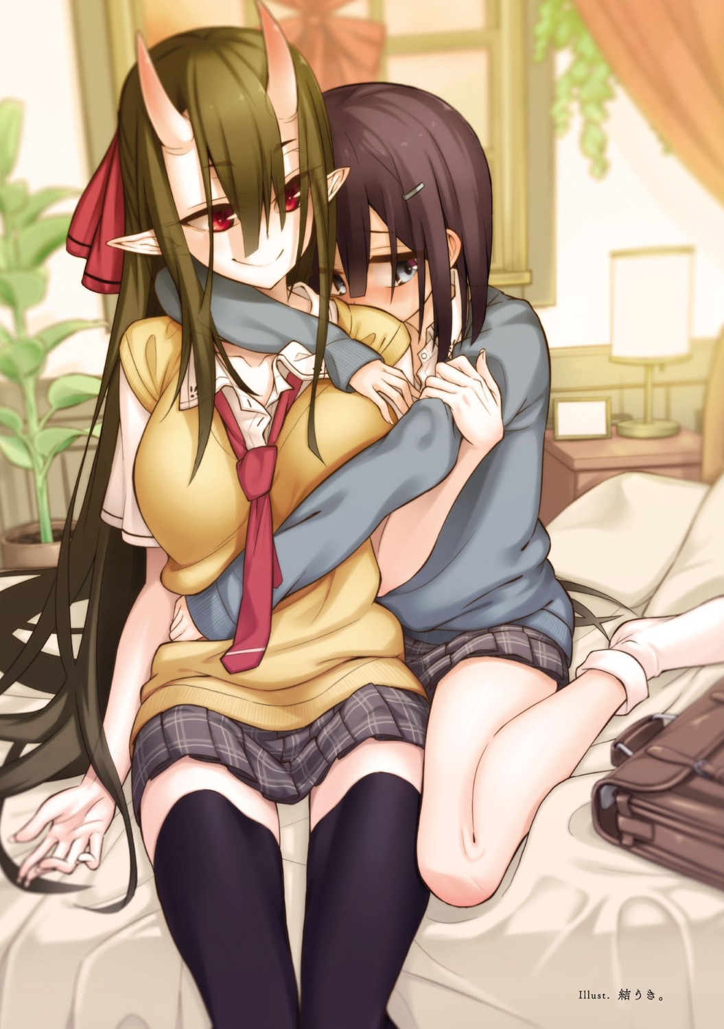 breast_hold horns pointy_ears seifuku sweater tagme thighhighs yuri