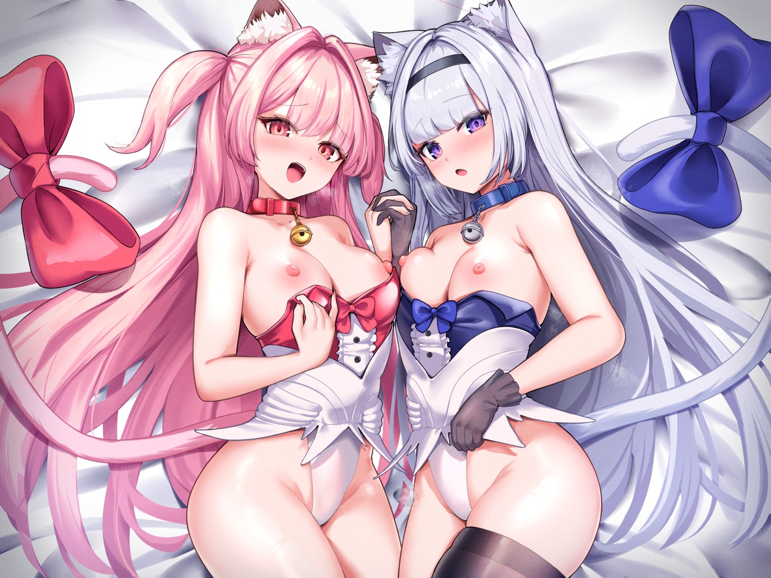 animal_ears breasts gu_luco leotard nekomimi nipples no_bra tail thighhighs undressing yuri