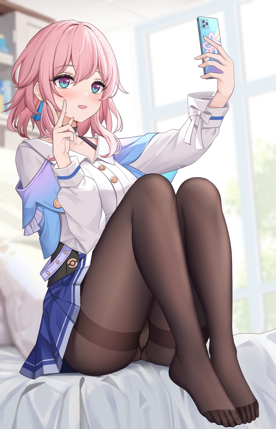 cameltoe feet honkai:_star_rail icewine march_7th pantsu pantyhose selfie skirt_lift thong