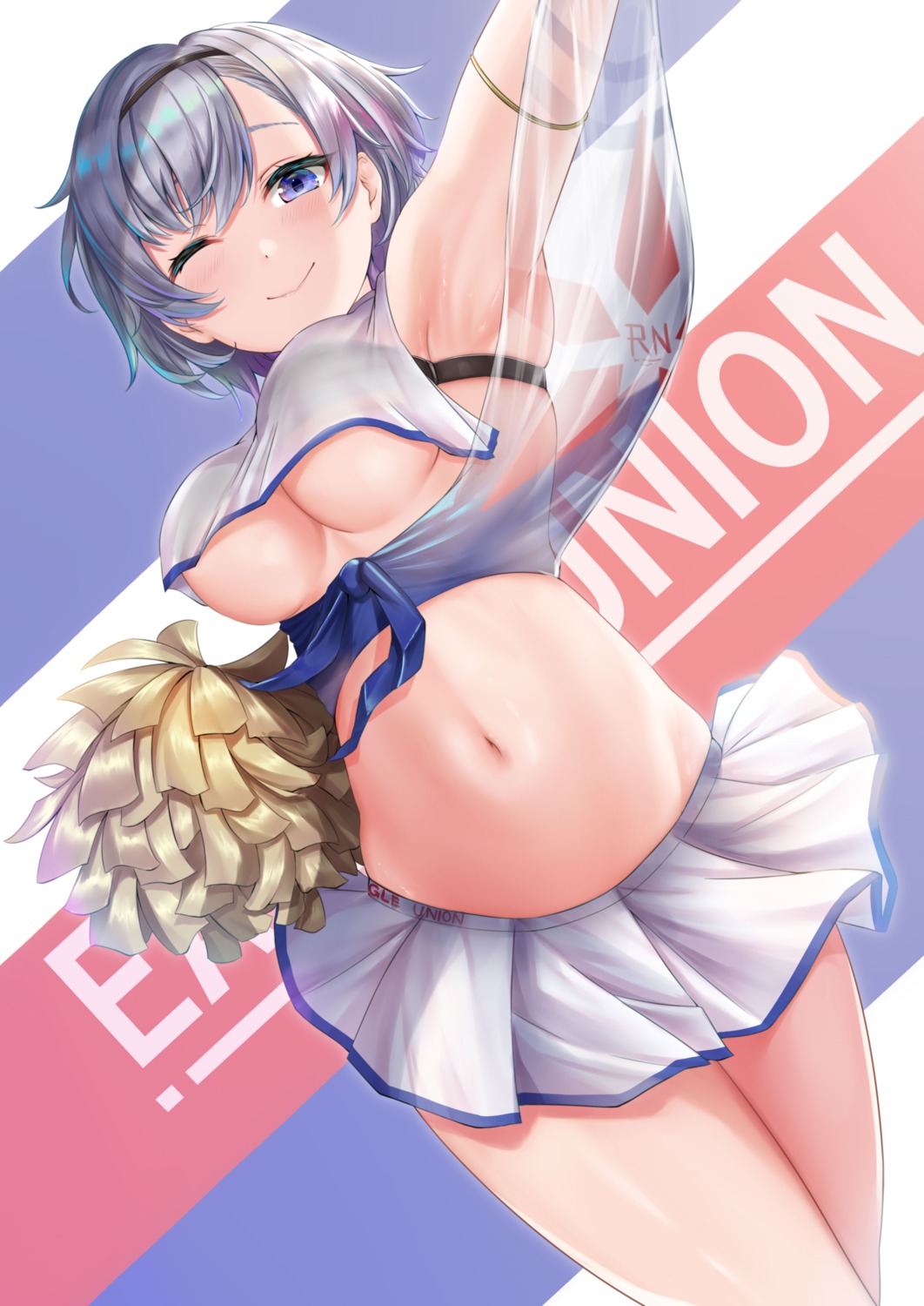 azur_lane bra cheerleader rama_(yu-light8) reno_(azur_lane) see_through skirt_lift