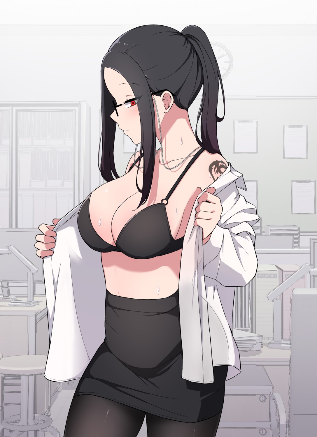 bra dress_shirt megane open_shirt pantyhose tattoo uihyeon_chae undressing wet