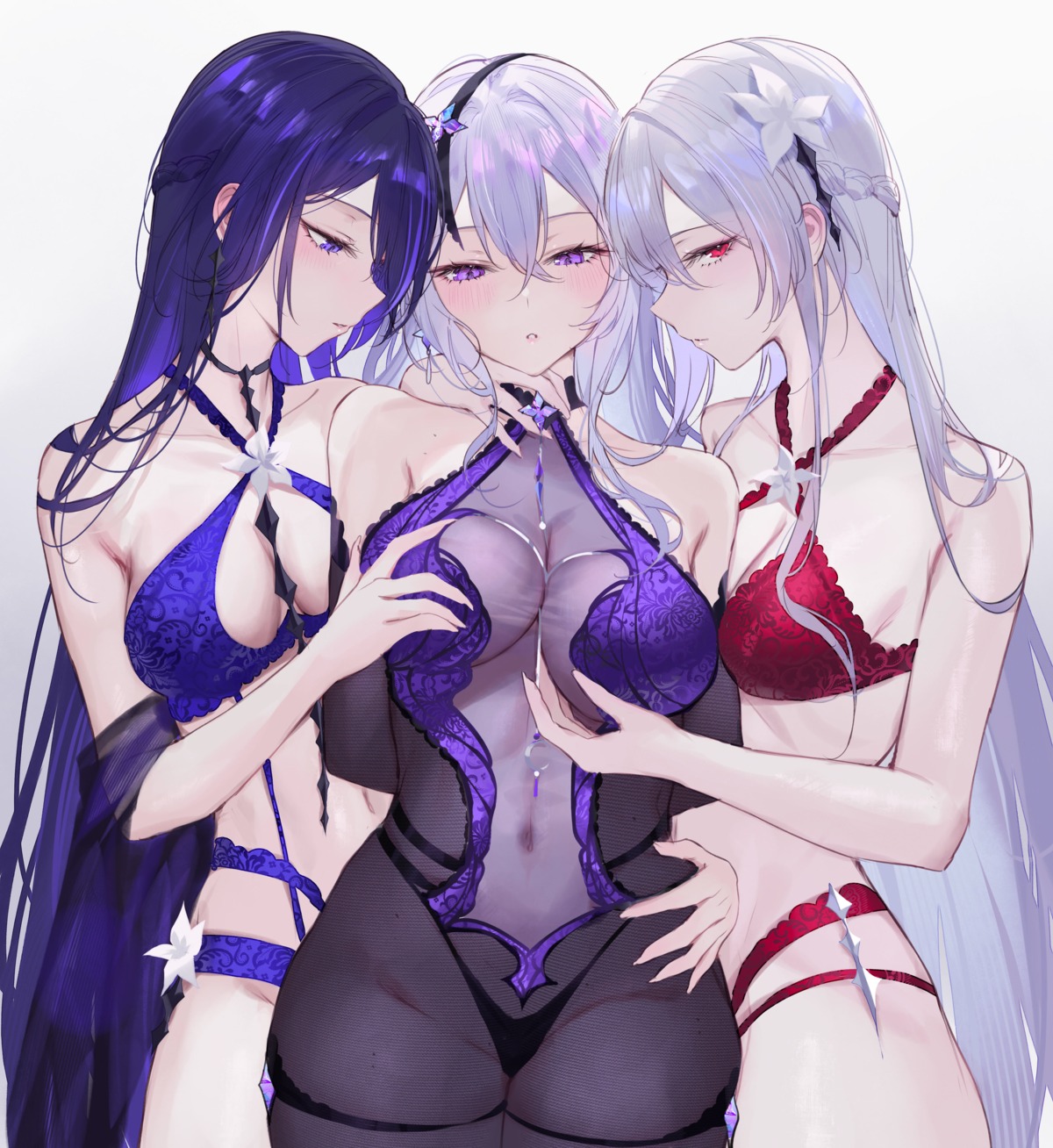 acheron black_swan_(honkai:_star_rail) bra breast_grab garter honkai:_star_rail pantsu qiandaiyiyu see_through yuri