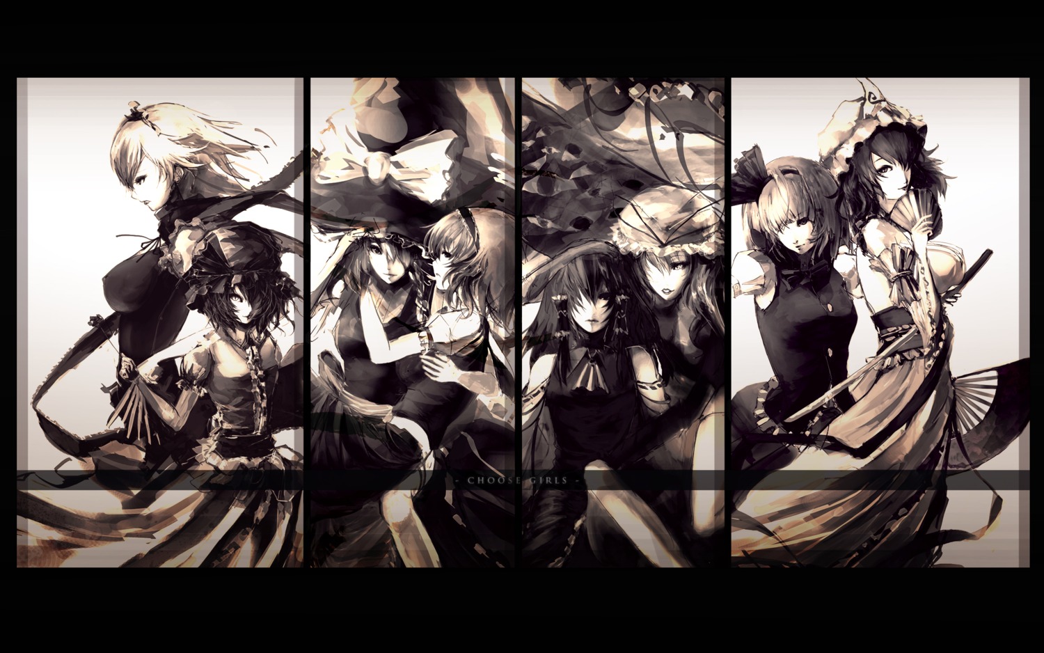 alice_margatroid hakurei_reimu iori_(yakata-bako) izayoi_sakuya kirisame_marisa konpaku_youmu monochrome remilia_scarlet saigyouji_yuyuko touhou yakumo_yukari