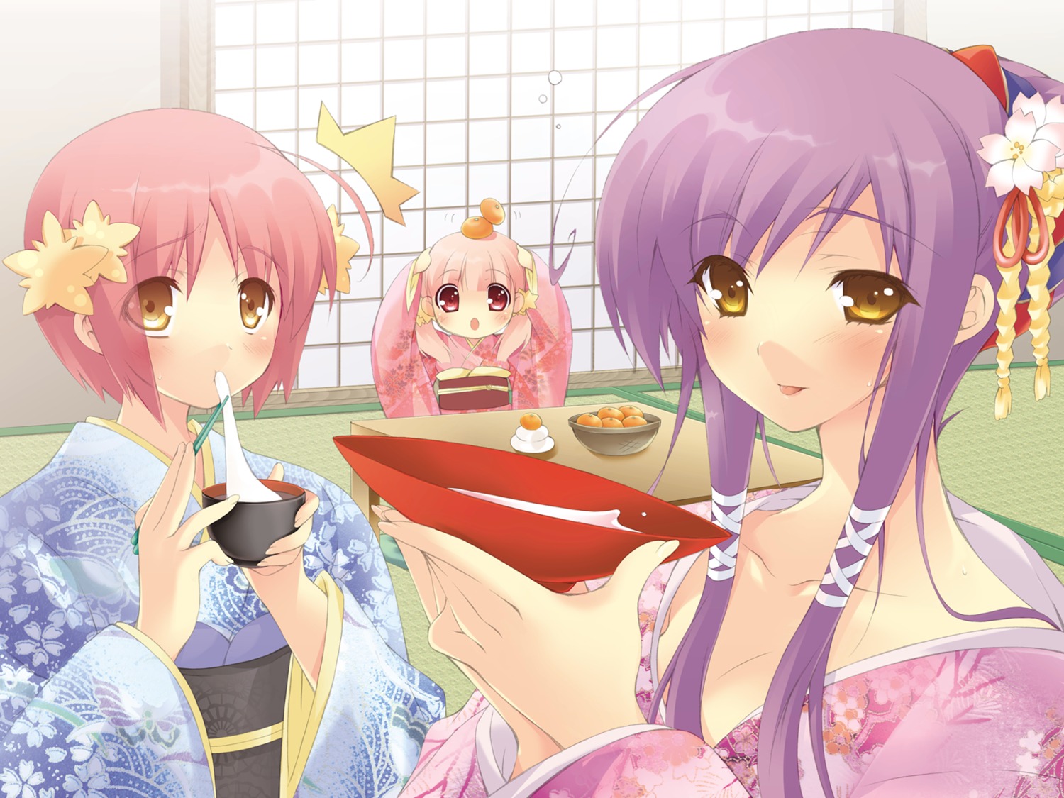 akino_momiji cuffs higa_yukari kimono kiriyama_sakura sakura_musubi sera_karen wallpaper