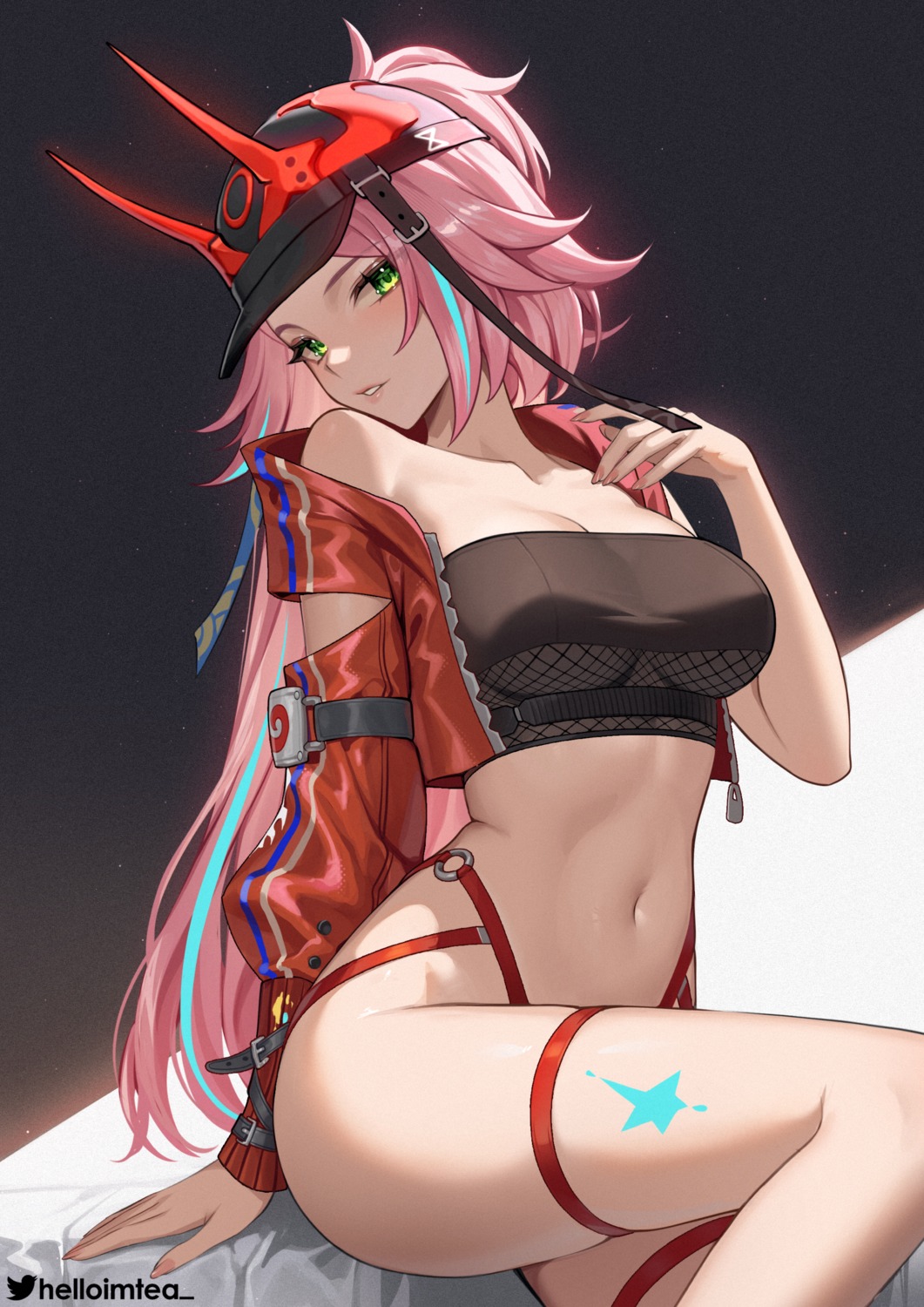 fishnets garter helloimtea honkai:_star_rail horns no_bra rappa tattoo