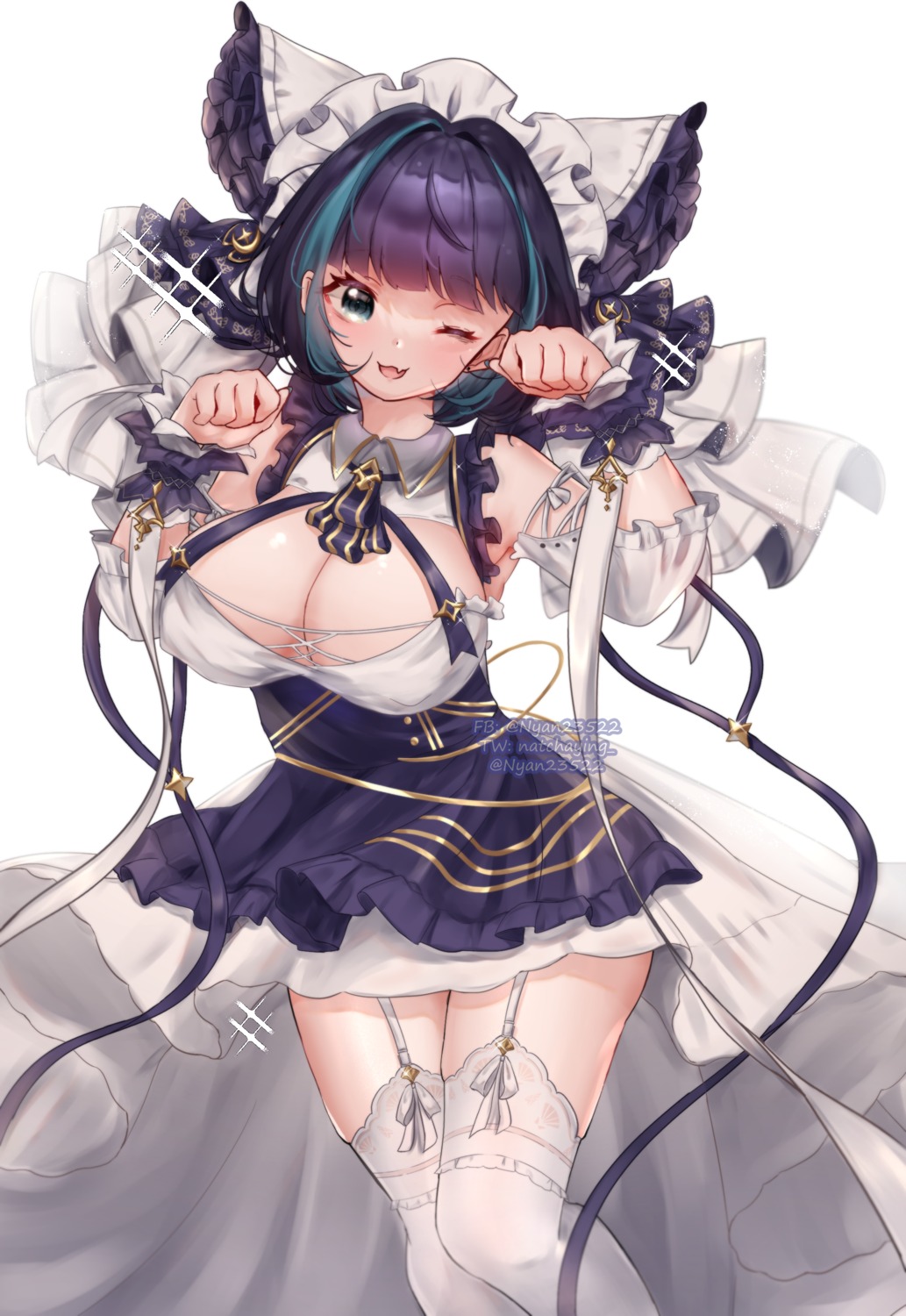 azur_lane cheshire_(azur_lane) maid no_bra nya_nyan skirt_lift stockings thighhighs