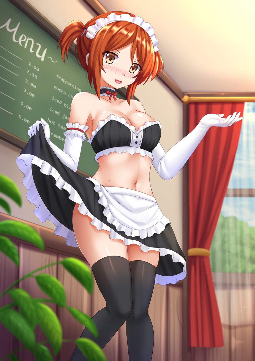 cleavage kazenokaze maid skirt_lift thighhighs waitress