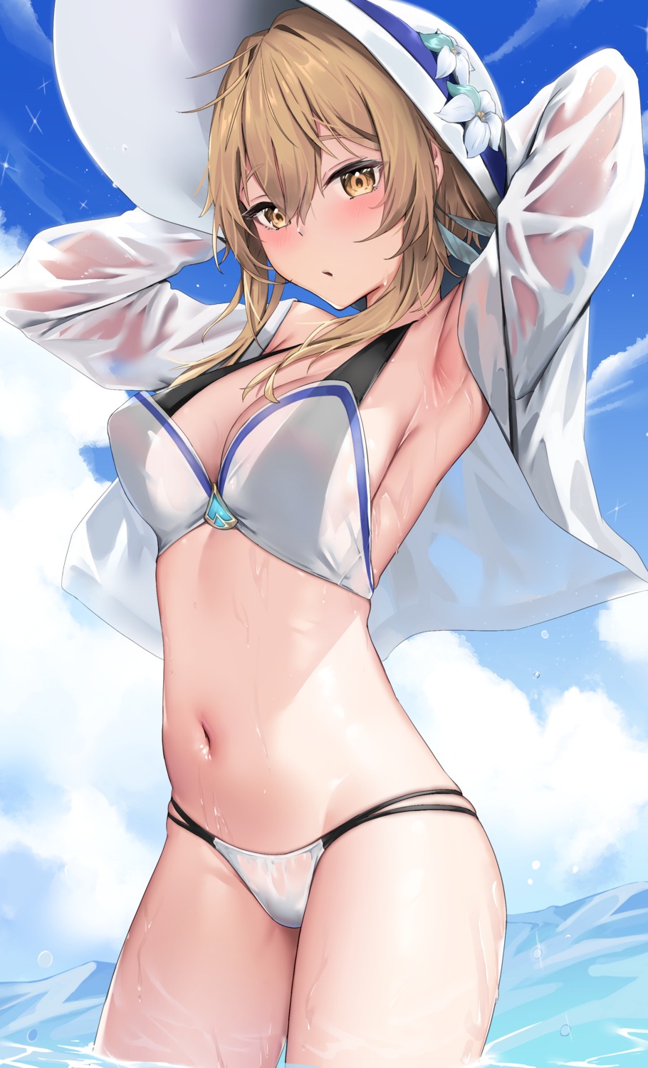 bikini genshin_impact lumine open_shirt see_through skai_kun swimsuits wet