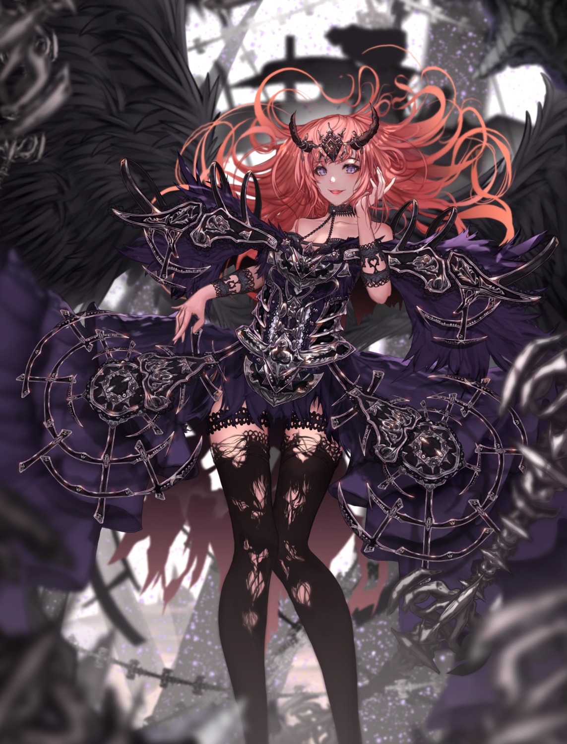 cleavage garter horns nomen thighhighs torn_clothes wings