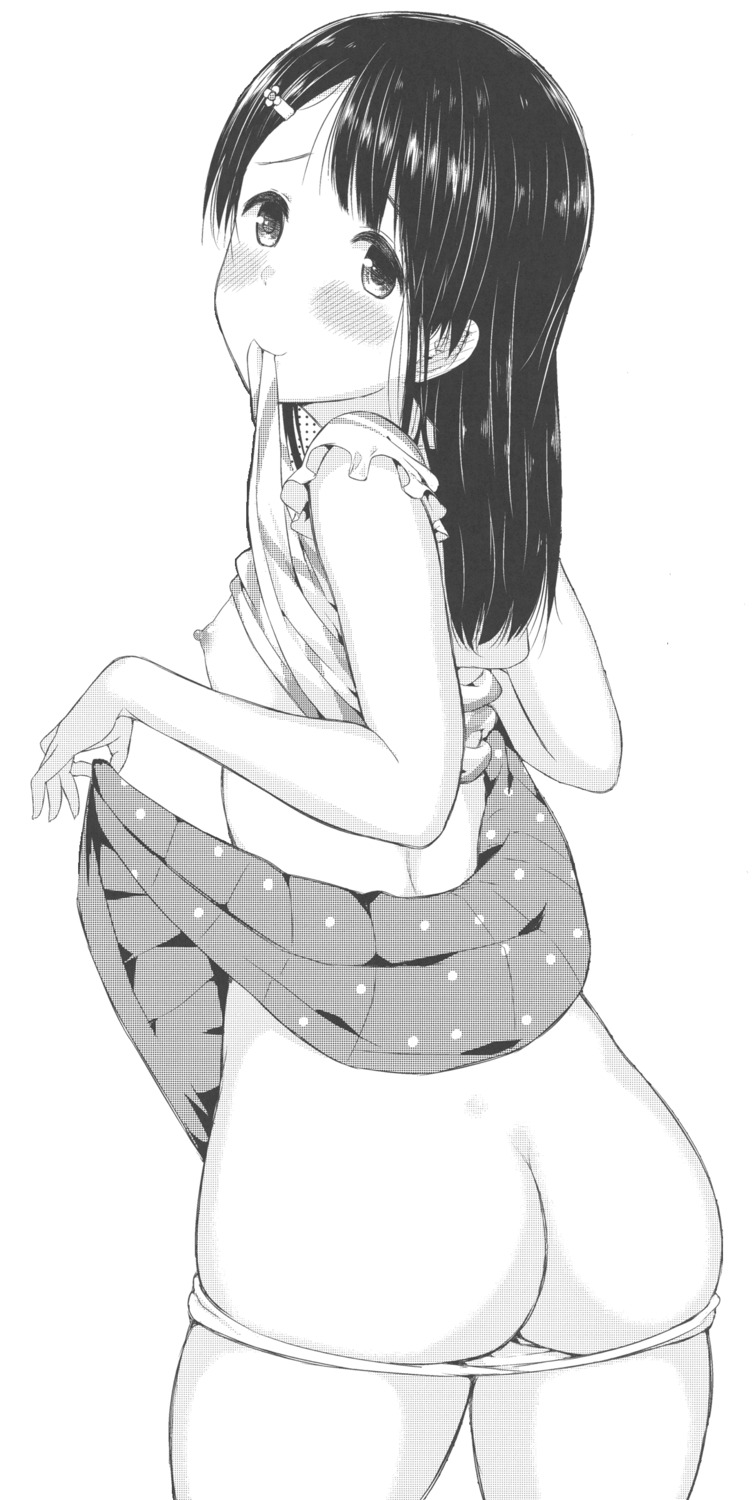 ass breasts monochrome nipples no_bra pantsu panty_pull shioroku shirt_lift skirt_lift