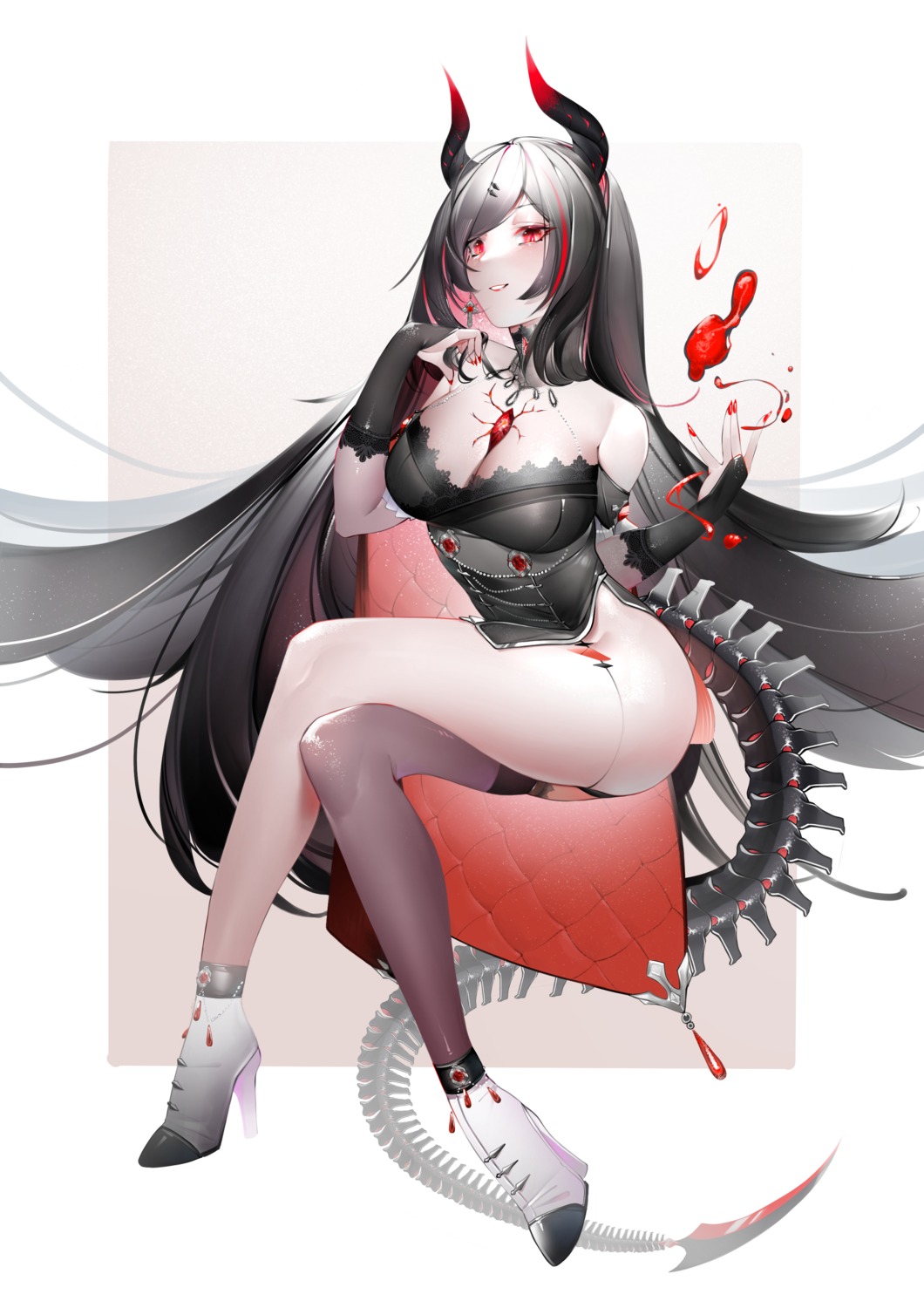 dress garter heels horns meoniac no_bra skirt_lift tail thighhighs