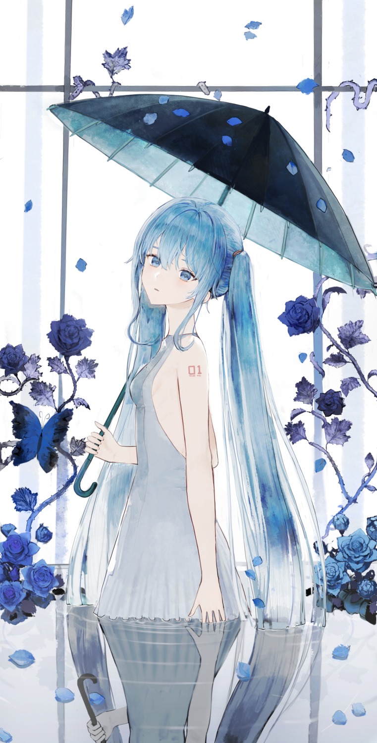 ah_(pixiv62888100) dress hatsune_miku no_bra tattoo umbrella vocaloid wet
