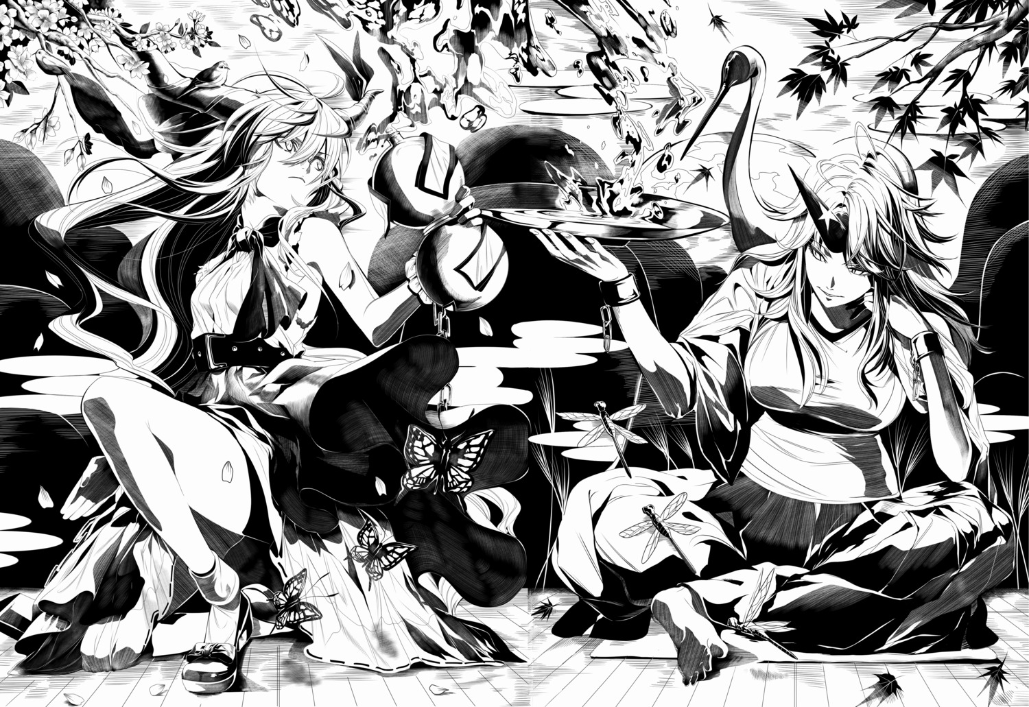 horns hoshiguma_yuugi ibuki_suika monochrome touhou tsukimoto_aoi