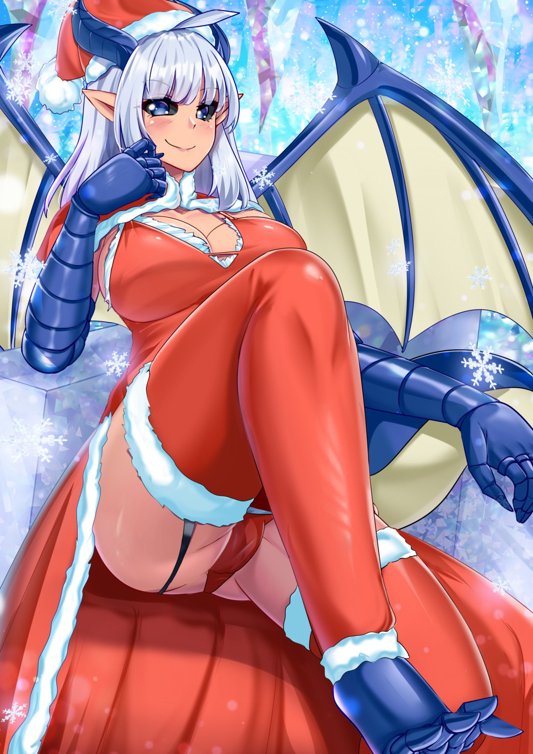 cameltoe christmas dress horns iryl monster_girl no_bra pointy_ears skirt_lift tail wataponno wings